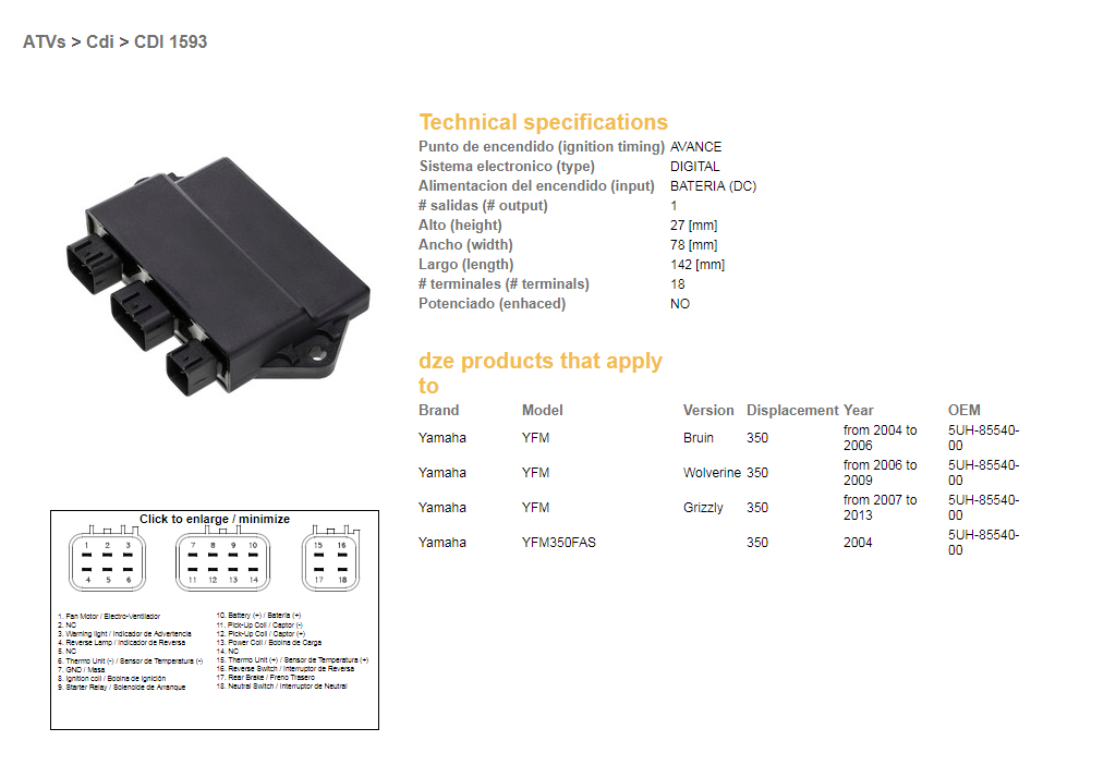 DZE jednotka zapalování CDI YAMAHA YFM 350 GRIZZLY 07-13; BRUIN 04-06; WOLVERINE 06-09 (5UH-85540-00)