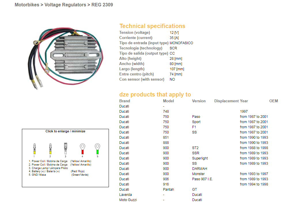 DZE regulátor napětí DUCATI 748/750/851/888/900/906/916 87-01 (jednofázový, 35A) (ESR510;ESR515)