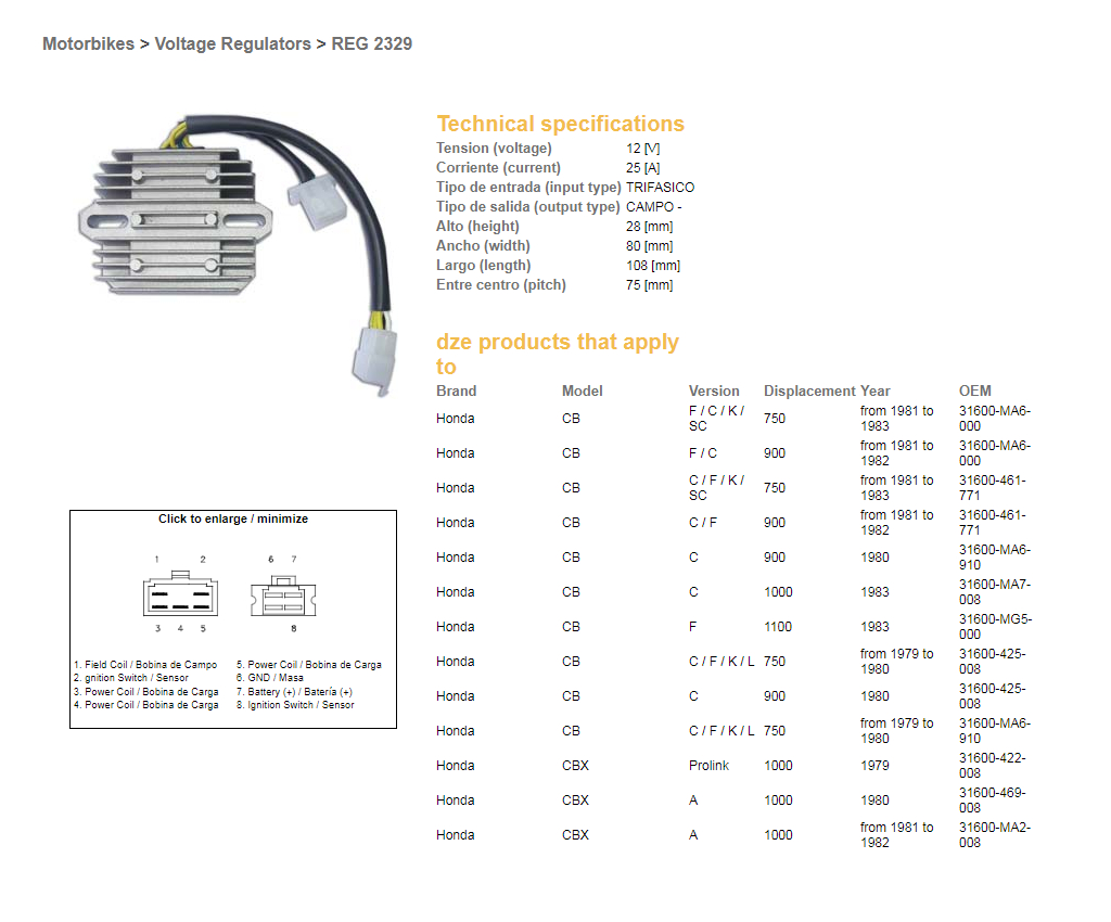 DZE regulátor napětí HONDA CB 750F/C/K 81-83; CB 900 81-82; CB 1000 83; CBX 1000A 81-82 (OEM-31600-MA6-000) (ESR210) (31600-461-771)