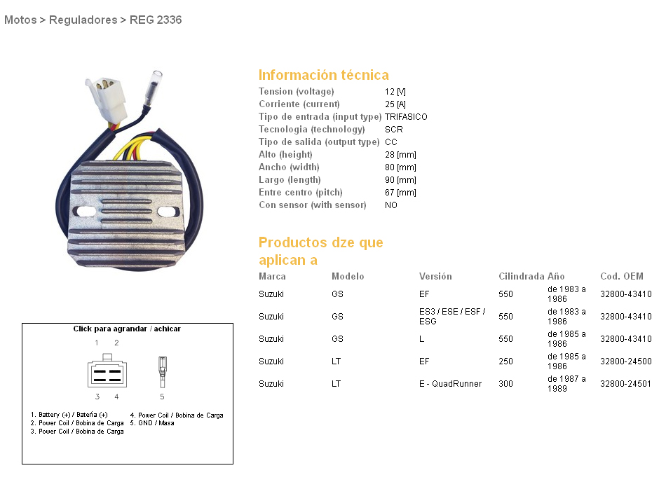 DZE regulátor napětí SUZUKI GS 550E/L 83-86; GSX 550E 85-87; LT 250EF QUADRUNNER 85-87; LT 300E QUADRUNNER 87-89 (ESR110) (32800-43410)