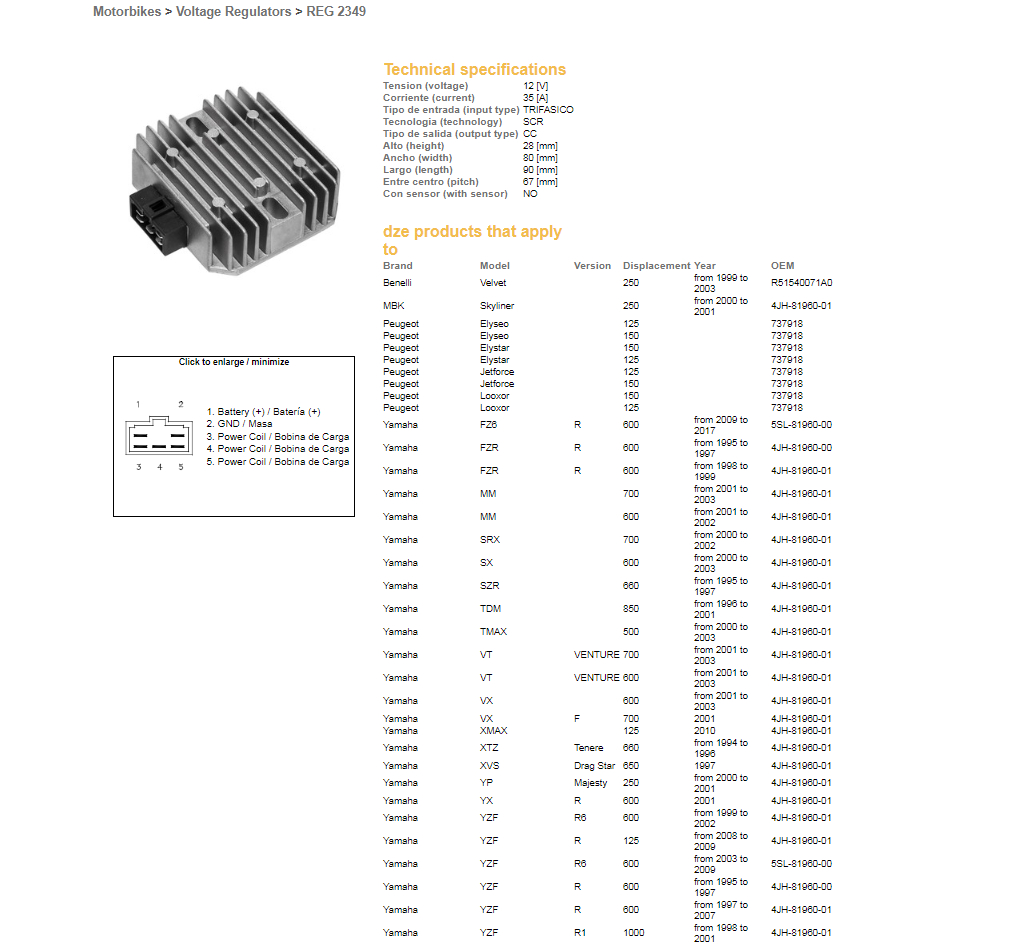 DZE regulátor napětí YAMAHA FZ6 09-17; FZR 600R 95-99; SRX 700 00-02; TDM 850 96-01; TMAX 500 00-03; VT 700 VENTURE 01-03; XMAX 125 10; XTZ 660 TENERE 94-96; YZF 600R 96-09; YZF 1000R 98-01; BENELLI (35A) (ESR261,RGU-209,CL650A-12)