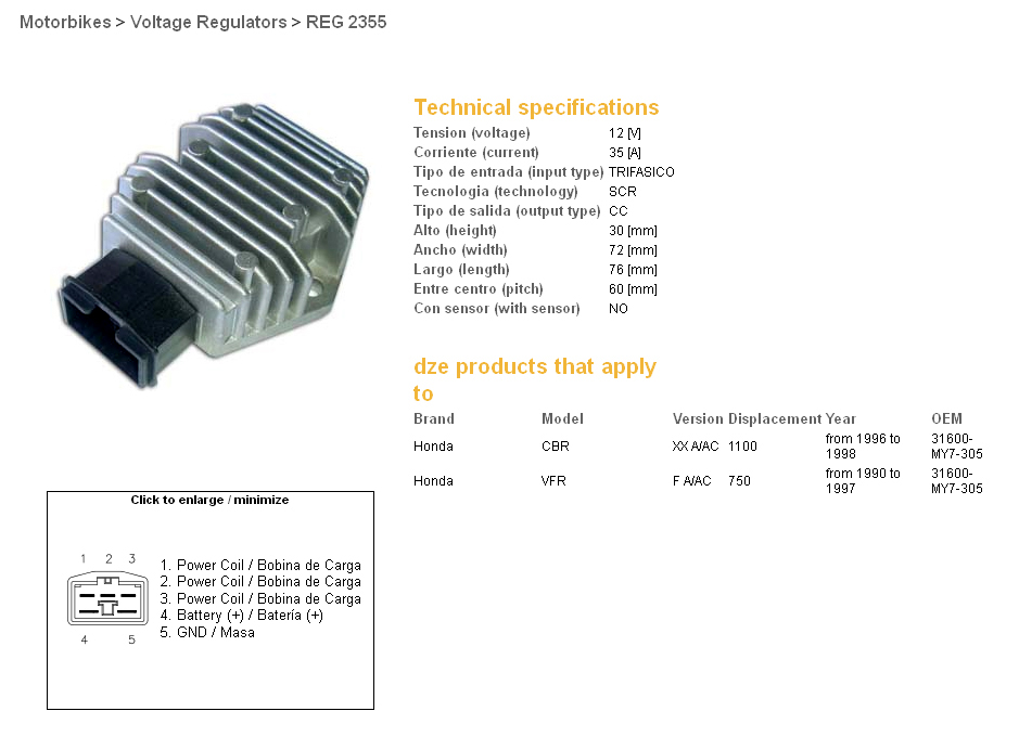 DZE regulátor napětí HONDA CB 600F 02-06; CBF 500 04-07; CBR 1100XX 96-98; FES 125/150/250 97-03; NES 125/150/250 01-03; VFR 750F/A/AC 90-97; APRILIA; MALAGUTI;PIAGIO (35A) (31600-MY7-305) - nahrazuje 2055-01