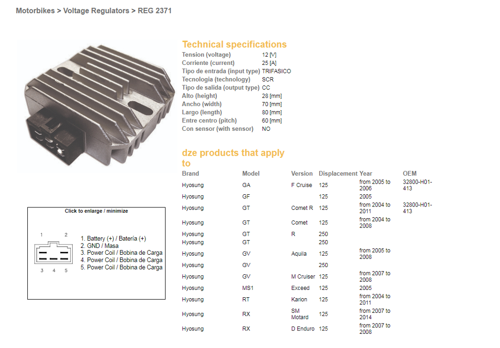DZE regulátor napětí HYOSUNG GA/GF/GT/GV/RX 125 04-11 (32800-H01-413) (12V/25A)
