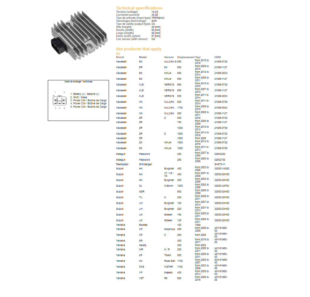 DZE regulátor napětí KAWASAKI EX 300/650 NINJA 06-17; KLE 650 VERSYS 07-16; VN 900/1700 06-19; ZR 750/800/1000 04-16; SUZUKI AN 250/400 03-06; DL 1000 02-06; UH 125/150/200 07-14; YAMAHA TMAX 500 09-11; VX 1700 05-07 (ESR444;ESR161)
