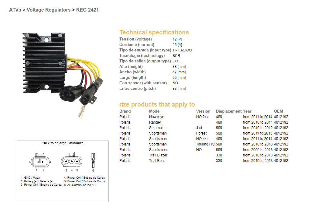 DZE regulátor napětí POLARIS TRAIL BLAZER 330 10-13; TRAIL BOSS 330 10-13; RANGER 400 10-14; sportSMAN 400/500 11-14; SCRAMBLER 500 10-12 (4012192)
