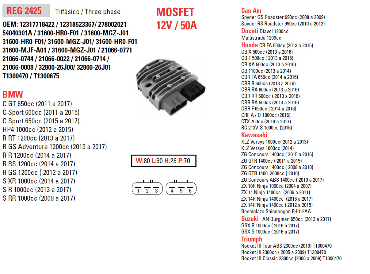 DZE regulátor napětí APRILIA; BMW; CAN AM; DUCATI; HONDA; KAWASAKI; SUZUKI; TRIUMPH; YAMAHA (50A)