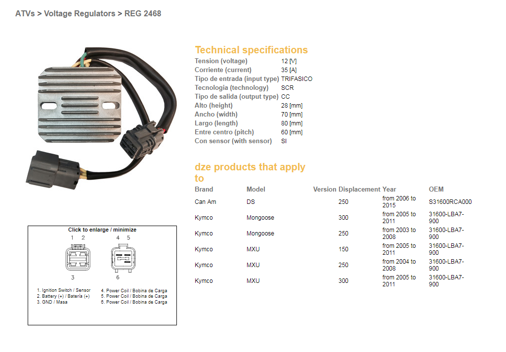 DZE regulátor napětí KYMCO MXU 150/250/300 04-11; CAN AM DS 250 06-15; ARCTIC CAT 150/250/300 06-19 (35A) (31600-LBA7-900) (ESR344)