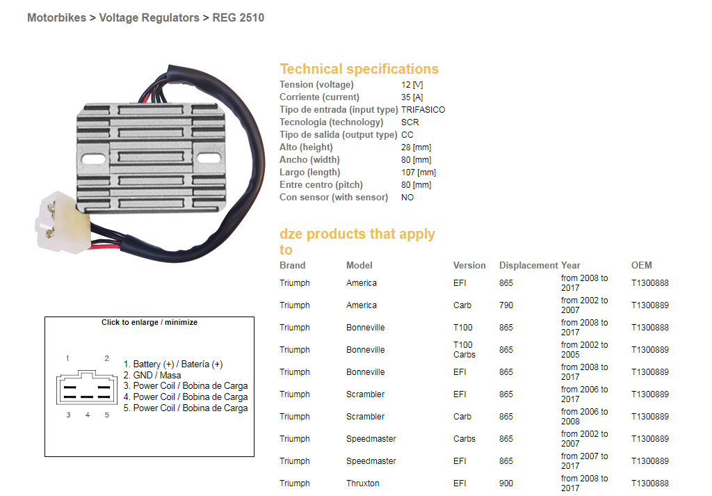 DZE regulátor napětí TRIUMPH AMERICA 790/865 02-17; BONNEVILLE 865 02-17; SCRAMBLER/SPEEDMASTER 865 02-17; TT 600 00-03 (T1300889, T1300888) (ESR547)