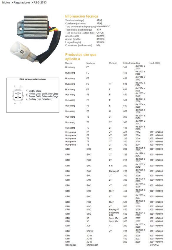 DZE regulátor napětí KTM EXC 125/200/250/300/400/525/530 98-13; XC-W 250/450/525 07-08; HUSQVARNA TE/TX/FE/FC/FS 125/250/300/450/500/550/650 04-19; BETA 250/400/450/498 05-12 (80011034000) (12V/12A) (801103400) (SH721AA)