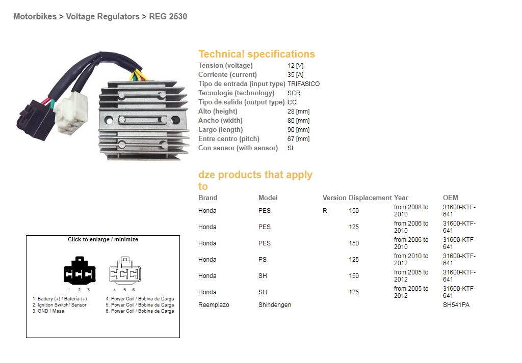 DZE regulátor napětí HONDA SH 125/150 05-12 (35A) (31600-KTF-641) (SH541PA) (ESR910)