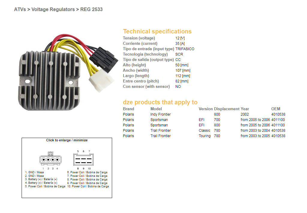 DZE regulátor napětí POLARIS SPORTSMAN EFI 700/780/800 05-06 (12V/35A) (4011100, 4010538) (ESR819)