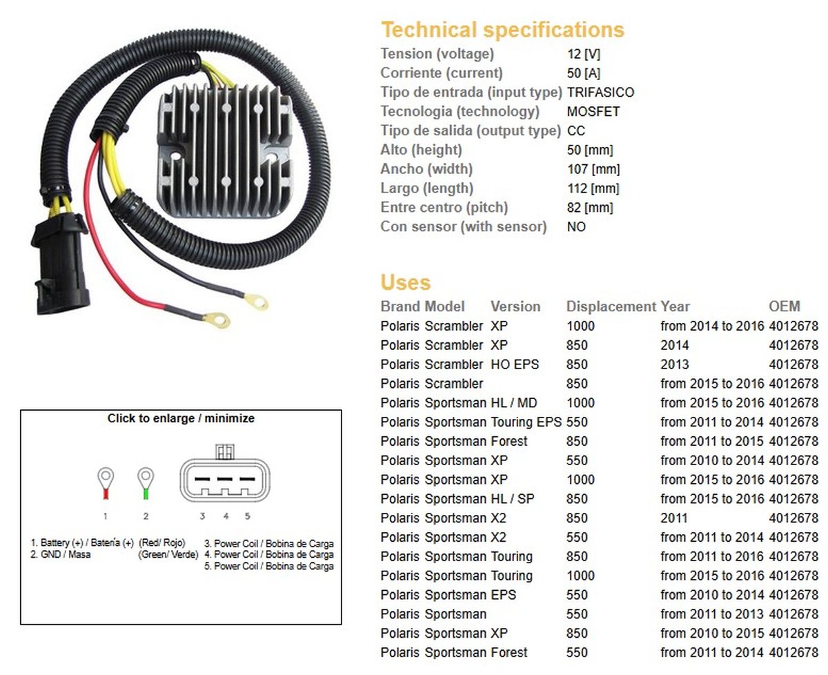 DZE regulátor napětí POLARIS SPORTSMAN 550/850/1000 10-16; SCRAMBLER 550/850/1000 13-16 (MOSFET - 50A) (4012678) (ESR823)
