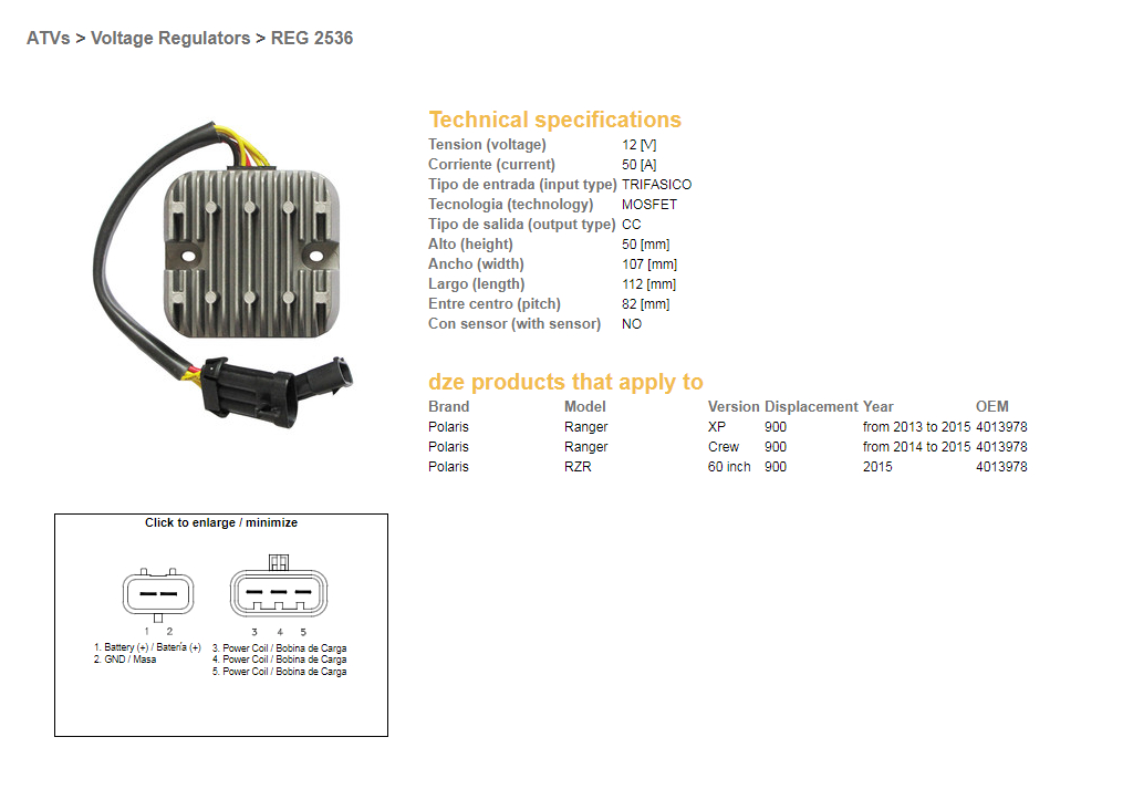 DZE regulátor napětí POLARIS RANGER 900 13-15; RZR 900/1000 15 (50A) (4013978) (ESR829)