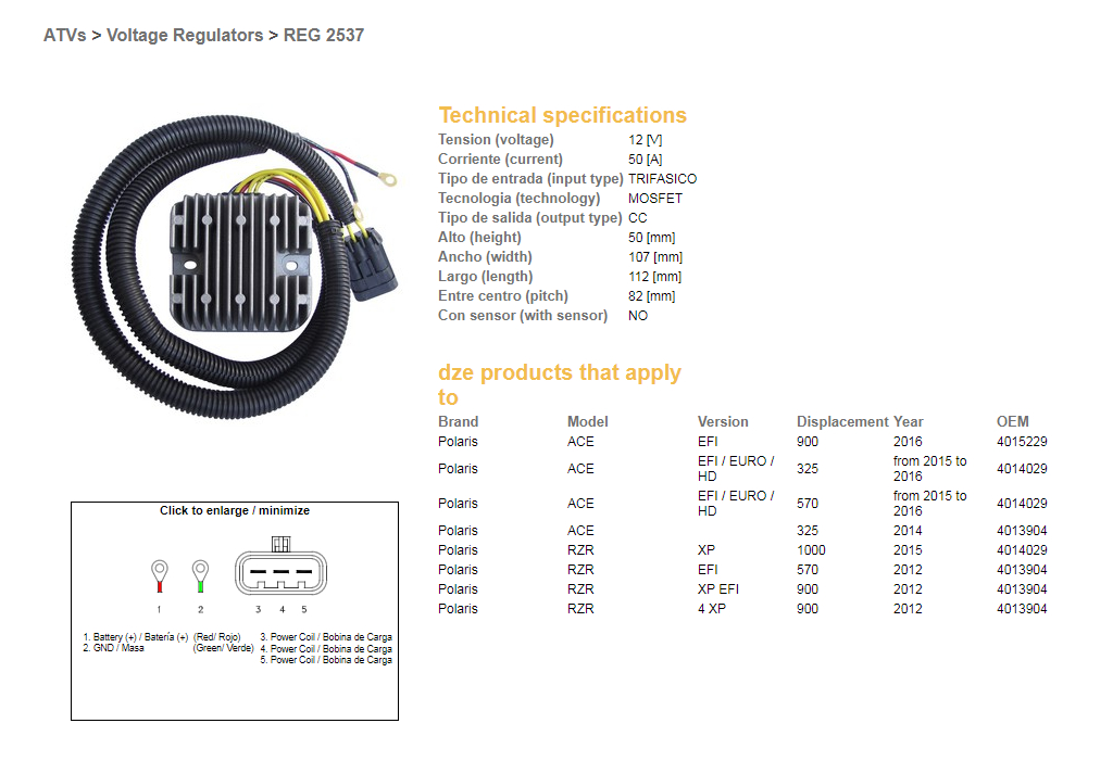 DZE regulátor napětí POLARIS ACE 325 EFI 14-16; 570 EFI 15-16; 900 16; RZR 570/900 12; RZR 1000 EFI 15; (50A) (4013904, 4014029 (ESR827)