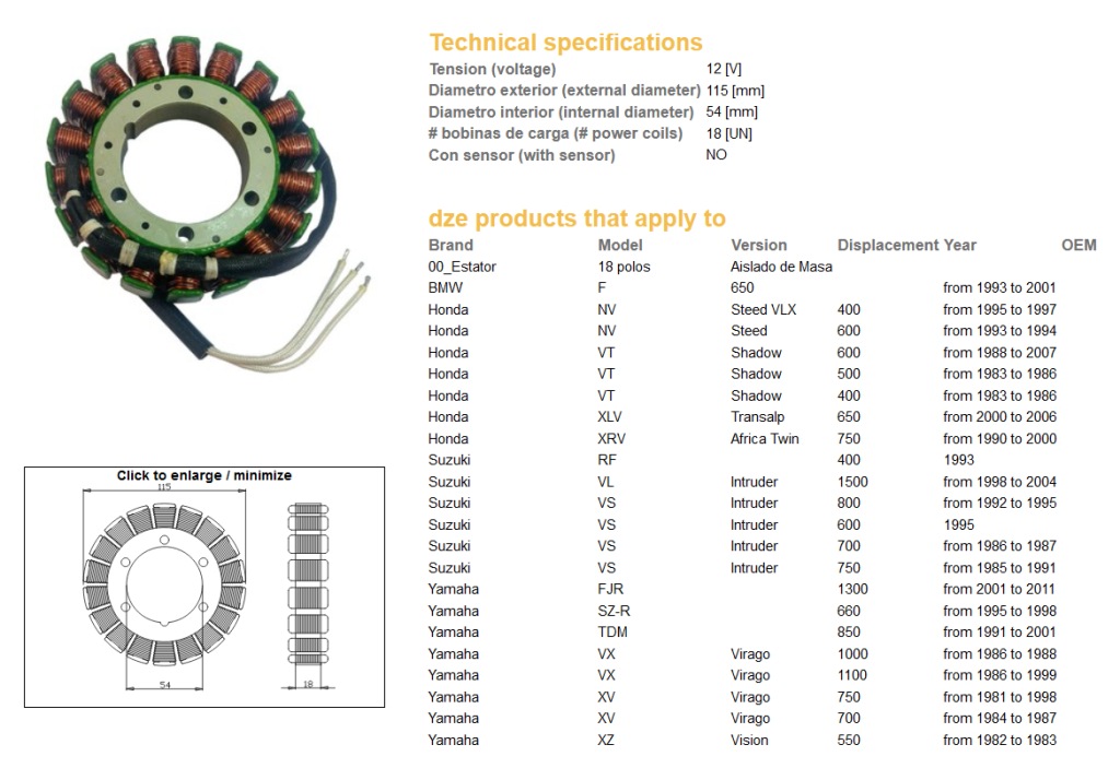 DZE stator (vinutí) alternátoru BMW F 650 93-01; VT 500/600 83-07; XL 650V TRANSALP 00-06; XRV 750 AFRICA TWIN 90-00; SUZUKI VS 600/700/750 INTRUDER 85-95; VL 1500 INTRUDER 98-04; YAMAHA TDM 850 91-01; XV 700/750/1000/1100 VIRAGO 81-99;