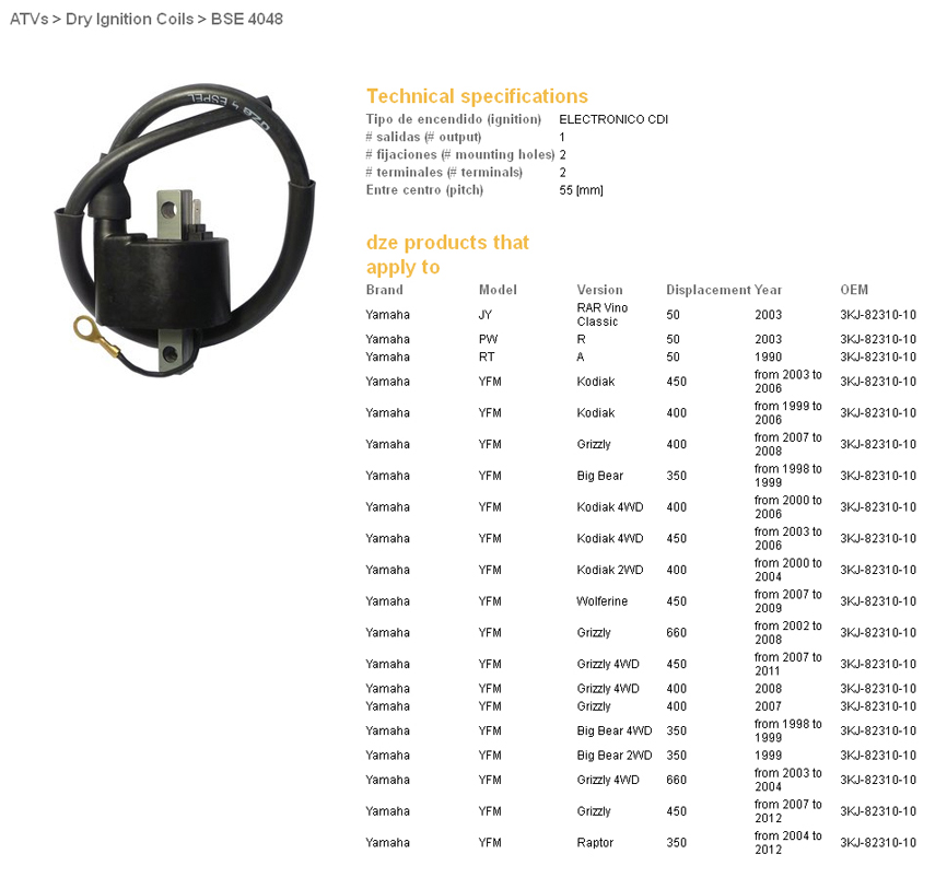 DZE indukční cívka SUZUKI DR 250Z 01-07; DRZ 400 00-12; YAMAHA PW 50 01-18; TTR 90/110/125/200/230 98-18; XT 225/250 96-07; YZ 80 97-01; YZ 125 98
