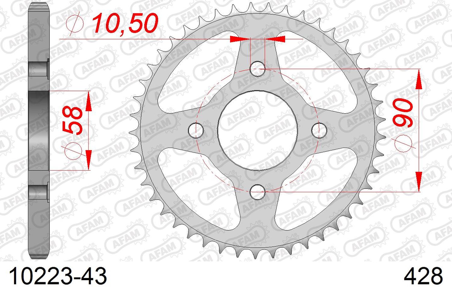 AFAM řetězové kolečko zadní 269 43 HONDA CG 125 '02-'05, CM 125 '82-'97, CB 125T '82-'88, DAELIM VC 125 '96-'99 (JTR269.43) (řetěz 428)