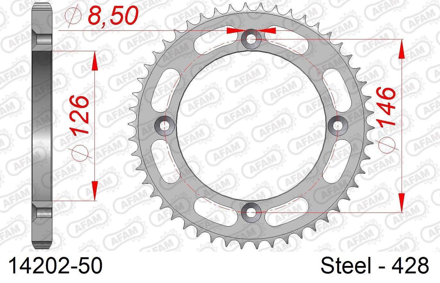 AFAM zadní řetězové kolečko 805 50 SUZUKI DR 125SM (08-10), TS125R '89-'96, TS125X '84-'91 (řetěz 428) (JTR805.50)