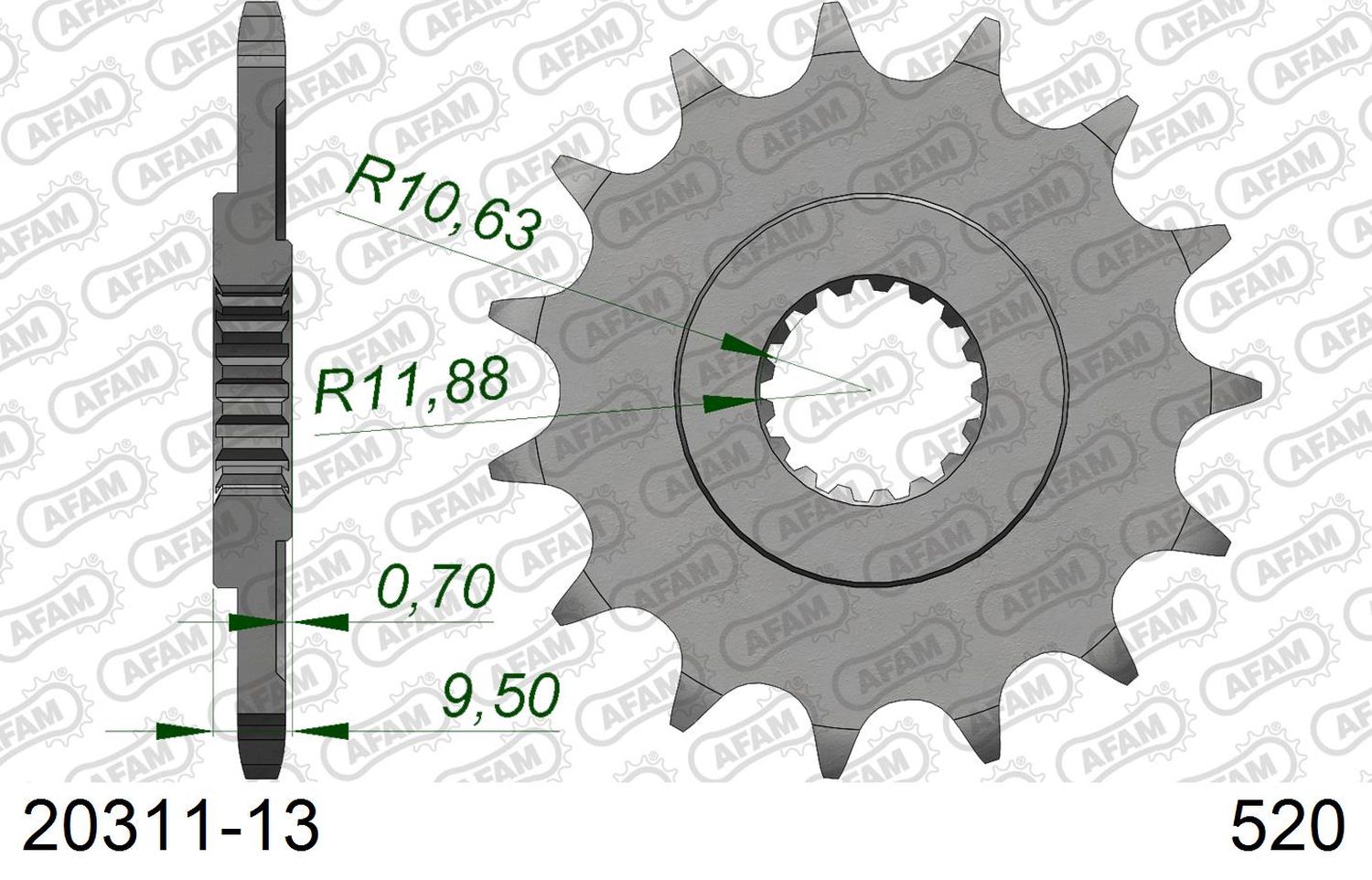 AFAM pastorek přední 342 13 HONDA CR 250 '88-'07, CRF 450 '02-'25, CRF 250R '22-'25, TRX 450/700 (JTF284.13) (řetěz 520)