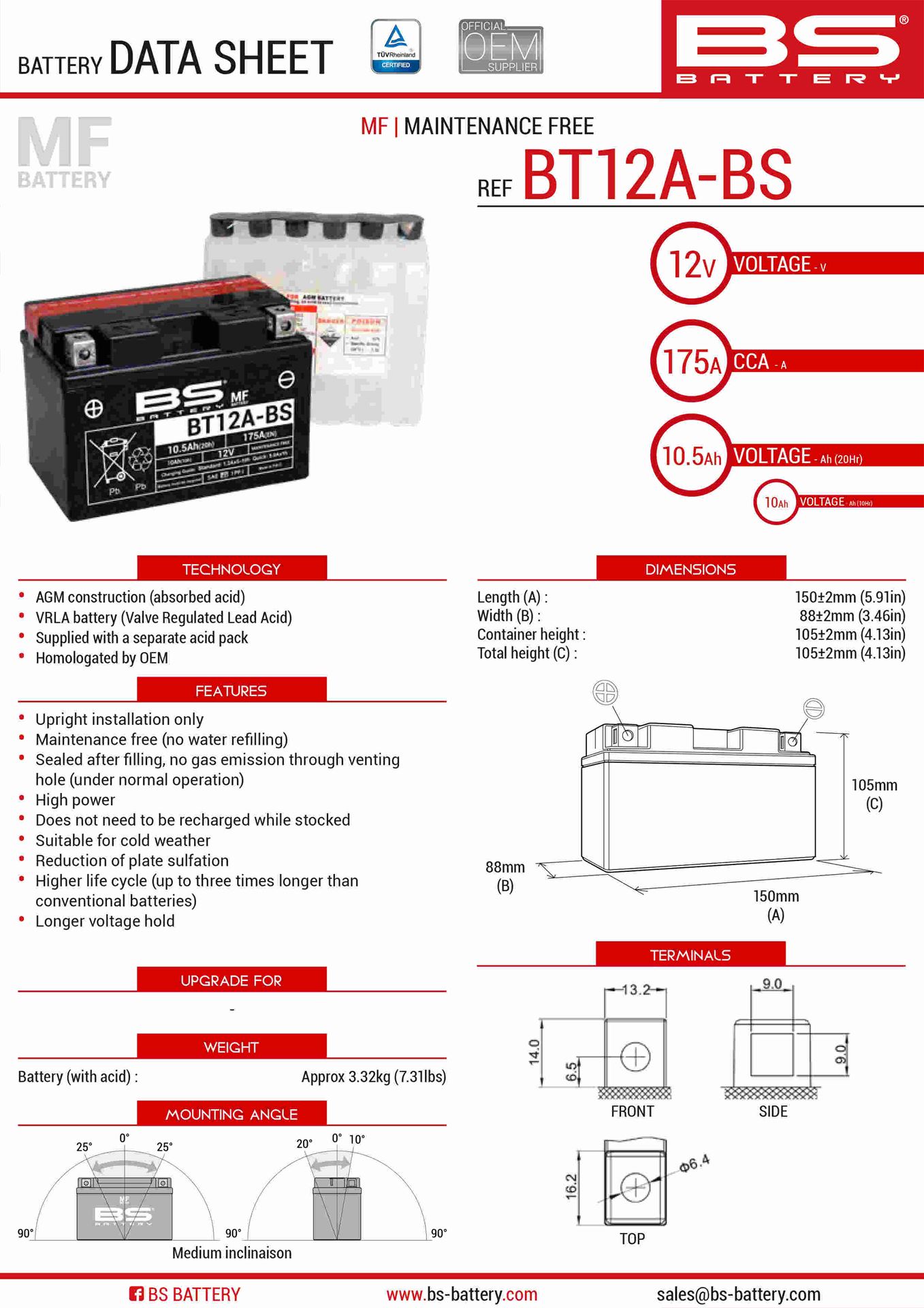 Levně BS akumulátor BT12A-BS (YT12A-BS) 152X88X106 12V 10AH bezúdržbový - elektrolyt zvlášť (175A) UE2019/1148 (4) (BS akumulátor BT12A-BS (YT12A-BS))
