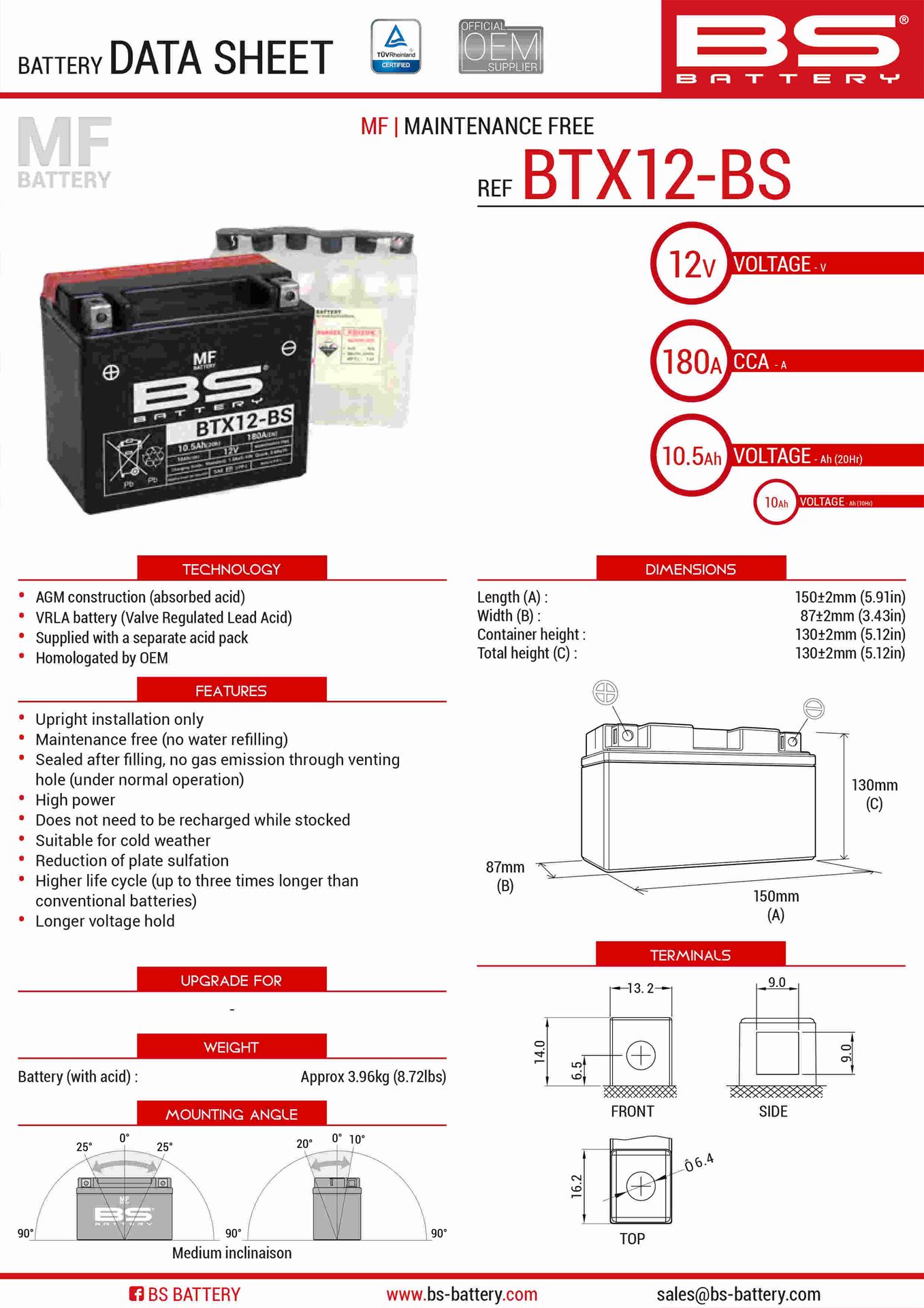 BS akumulátor BTX12-BS (YTX12-BS) 12V 10AH 152X88X131 bezúdržbový - elektrolyt zvlášť (180A) UE2019/1148 (4) (BS akumulátor BTX12-BS (YTX12-BS) 12V)