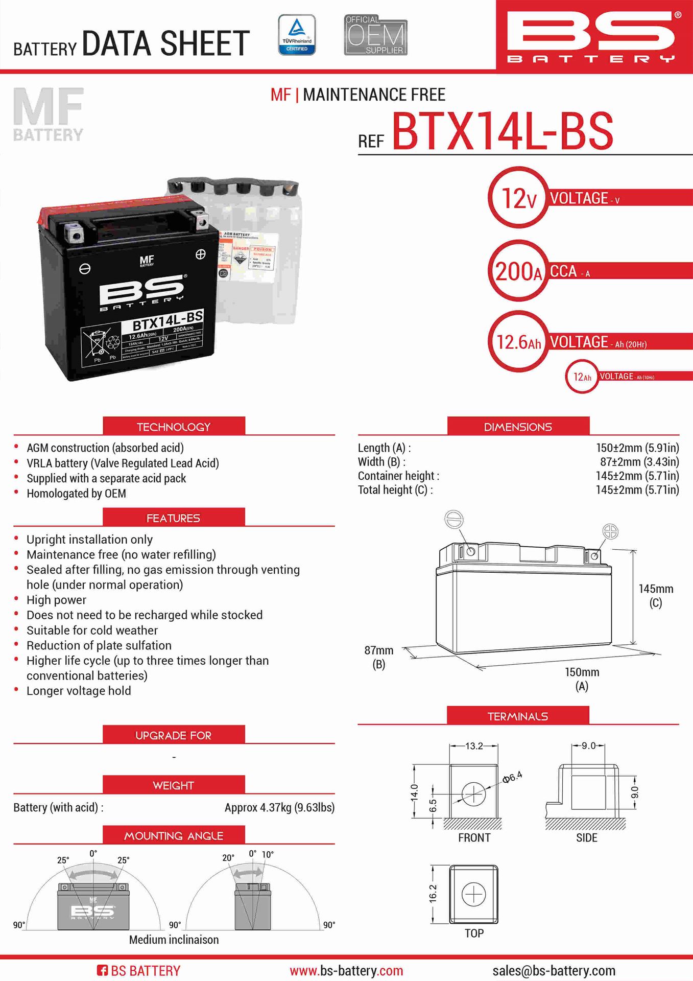 Levně BS akumulátor BTX14L-BS (YTX14L-BS) 150X87X145 bezúdržbový - elektrolyt zvlášť UE2019/1148 (4) (BS akumulátor BTX14L-BS (YTX14L-BS) 150X87X145)