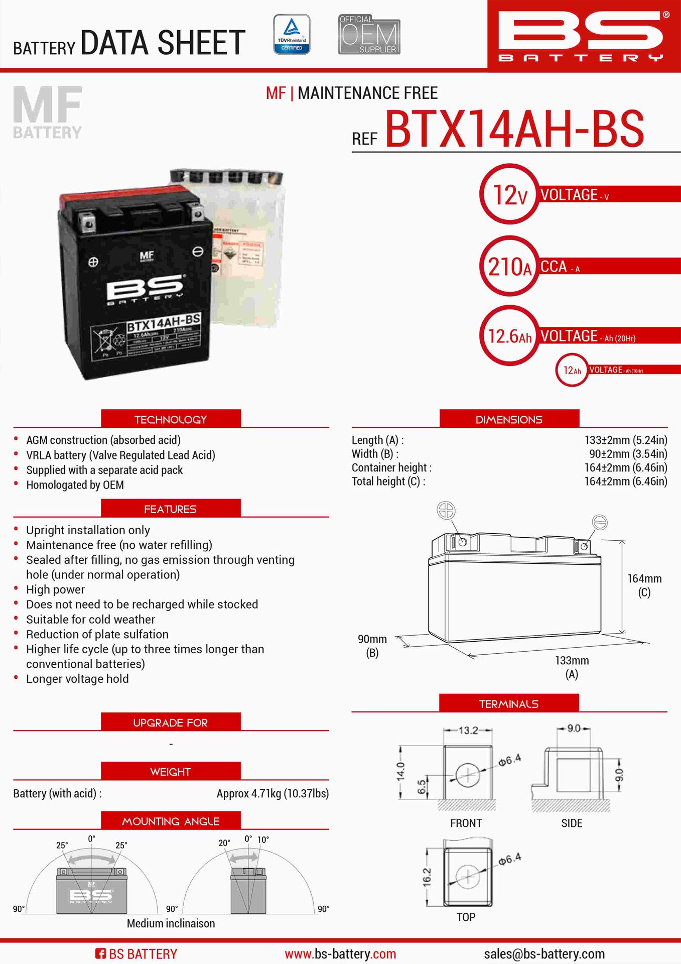 Levně BS akumulátor BTX14AH-BS (YTX14AH-BS) 12V 12AH 134X89X166 bezúdržbový - elektrolyt zvlášť (210A) UE2019/1148 (3) (BS akumulátor BTX14AH-BS)