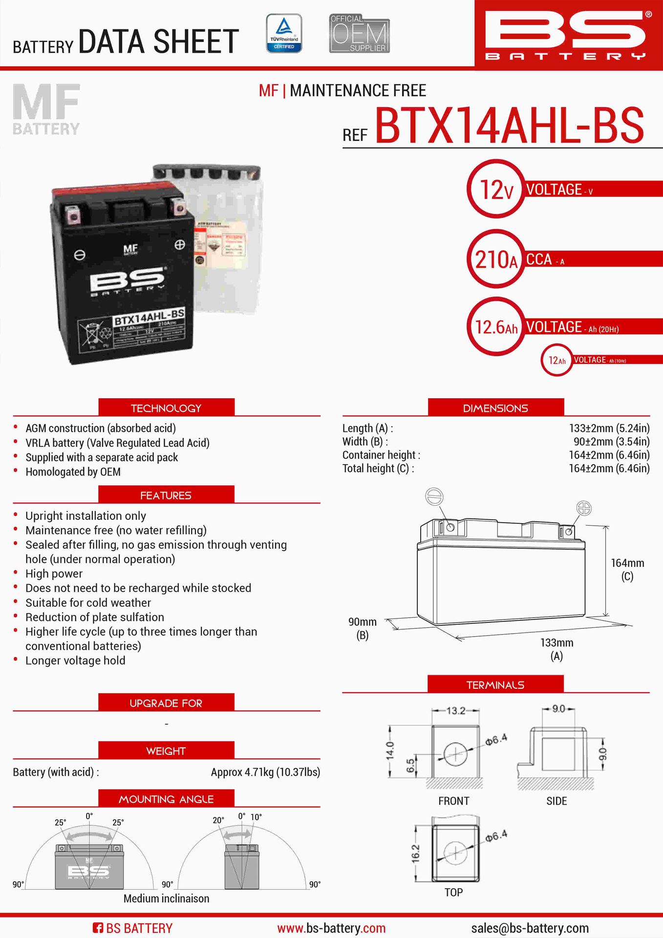 Levně BS akumulátor BTX14AHL-BS (YTX14AHL-BS) (133X90X164) 12V 12AH bezúdržbový - elektrolyt zvlášť (210A) UE2019/1148 (3) (BS akumulátor BTX14AHL-BS)