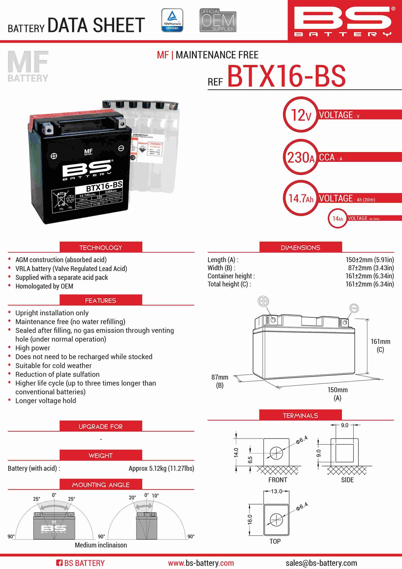 Levně BS akumulátor BTX16-BS (YTX16-BS) 12V 14AH 152X88X161 bezúdržbový - elektrolyt zvlášť (230A) UE2019/1148 (2) (BS akumulátor BTX16-BS (YTX16-BS) 12V)