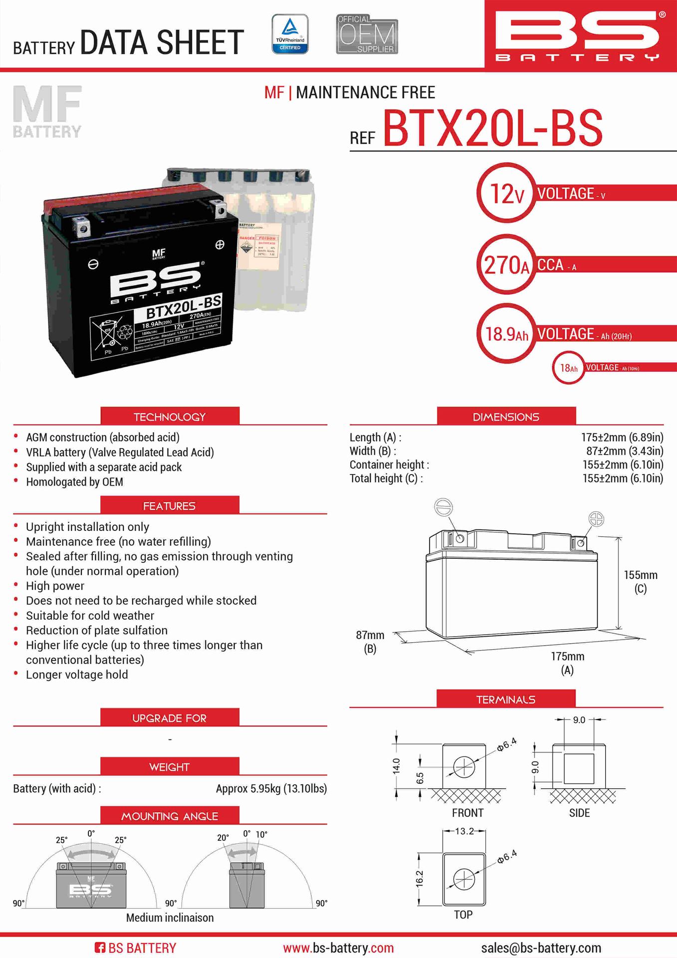 Levně BS akumulátor BTX20L-BS (YTX20L-BS) 12V 18AH 175X86X154 bezúdržbový - elektrolyt zvlášť (270A) UE2019/1148 (2) (BS akumulátor BTX20L-BS (YTX20L-BS))
