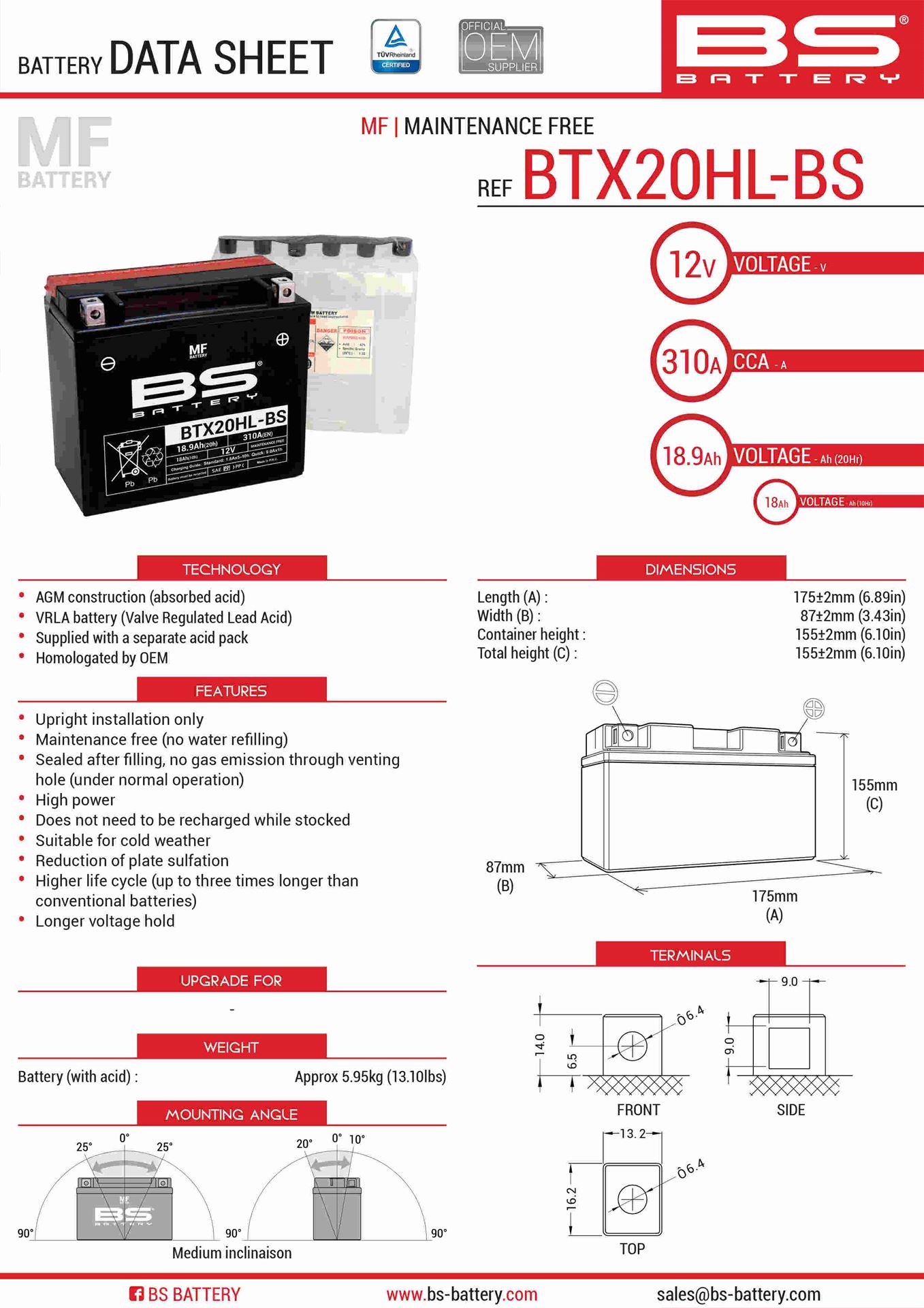 Levně BS akumulátor BTX20HL-BS (YTX20HL-BS) 175X87X155 bezúdržbový - elektrolyt zvlášť (310A) UE2019/1148 (2) (BS akumulátor BTX20HL-BS (YTX20HL-BS))