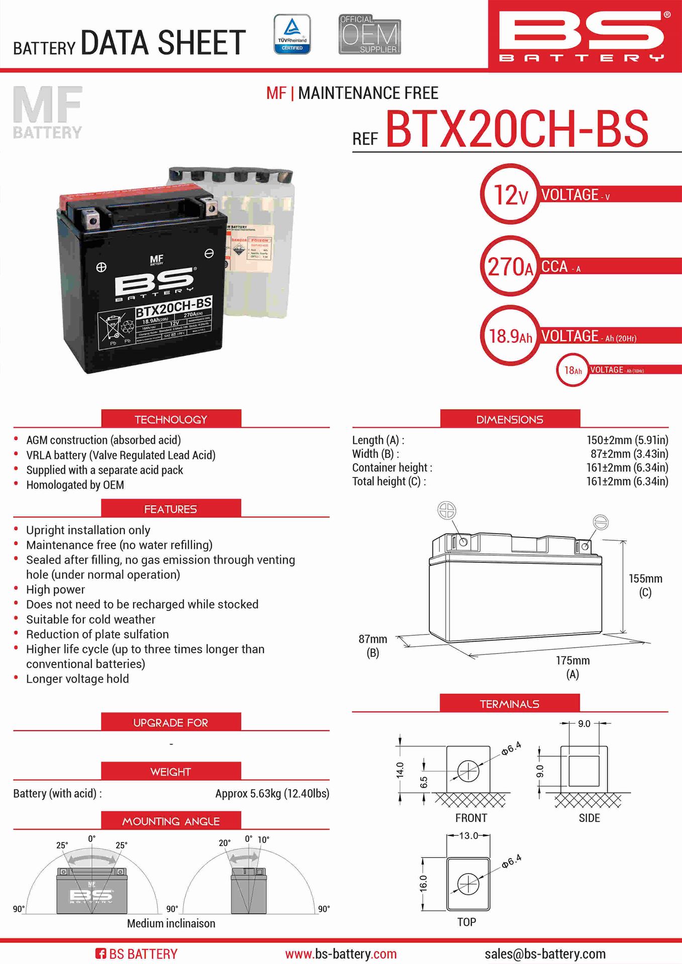 Levně BS akumulátor BTX20CH-BS (YTX20CH-BS, YTX20A-BS) 12V 18AH 150X87X161 bezúdržbový - elektrolyt zvlášť (270A) UE2019/1148 (300808) (2) (BS akumulátor)