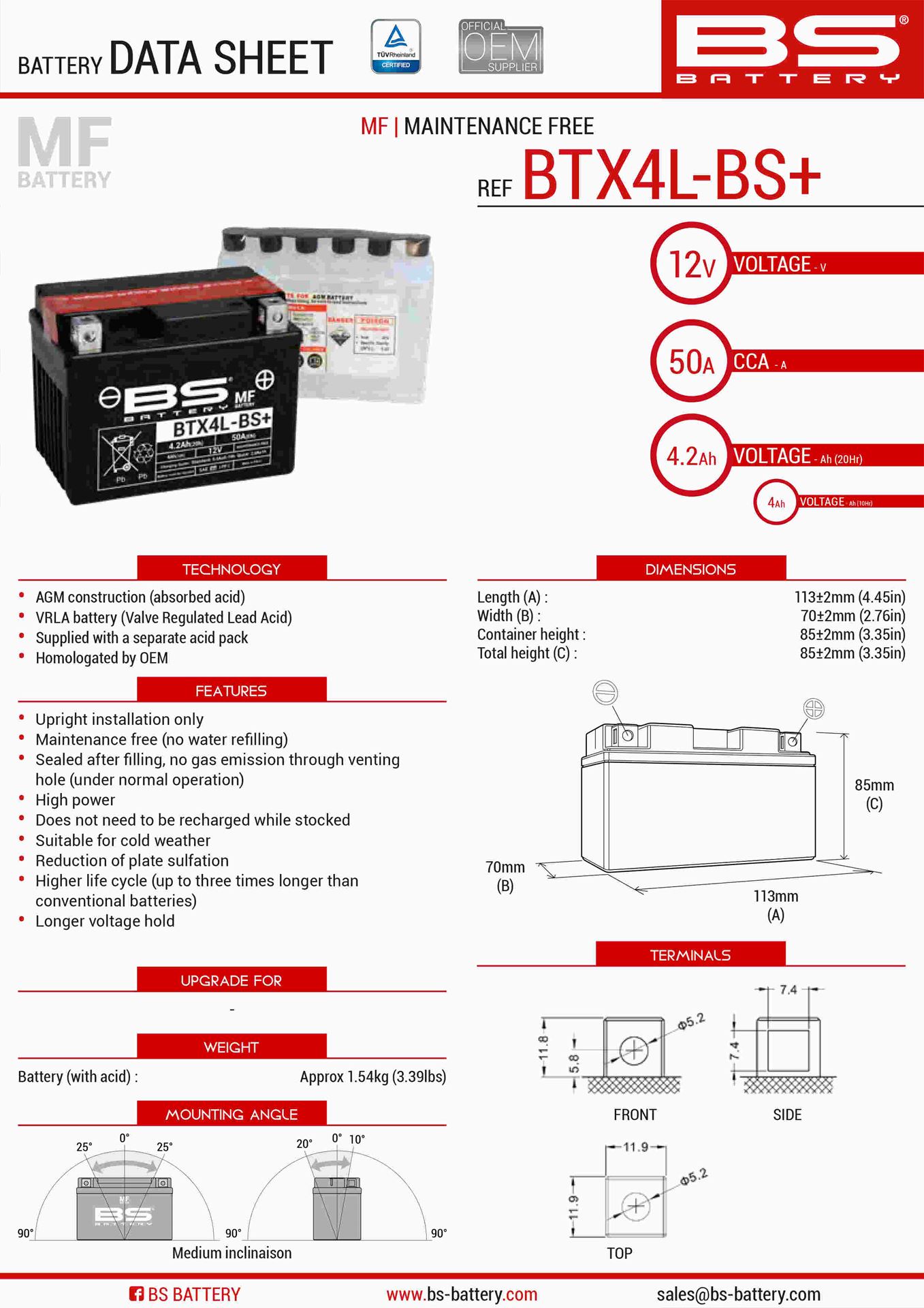 Levně BS akumulátor BTX4L-BS+ (YTX4L-BS) 12V 4AH 113X70X85 bezúdržbový - elektrolyt zvlášť (50A) (zvýšený objem) UE2019/1148 - nahrazuje 300819 (8) (BS)