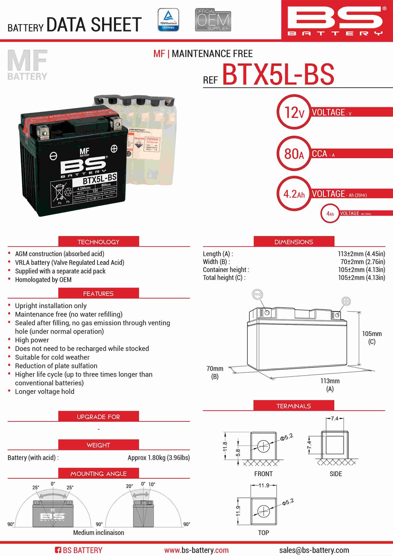 Levně BS akumulátor BTX5L-BS (YTX5L-BS) 12V 4AH 114X71X106 bezúdržbový - elektrolyt zvlášť (70A) UE2019/1148 (8) (BS akumulátor BTX5L-BS (YTX5L-BS) 12V 4AH)