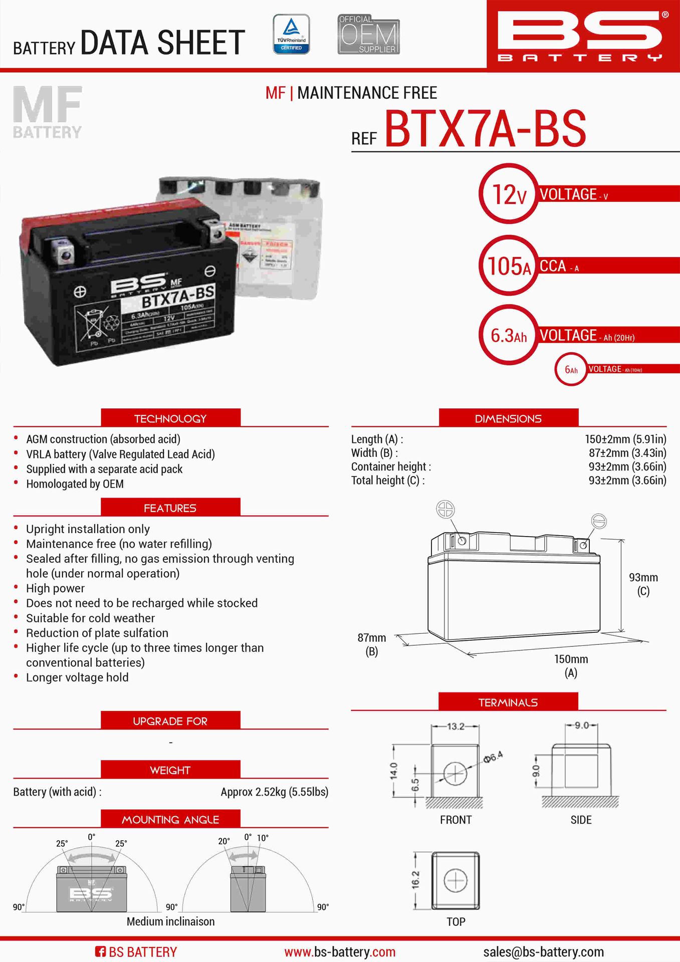 Levně BS akumulátor BTX7A-BS (YTX7A-BS) 12V 6AH 152X88X94 bezúdržbový - elektrolyt zvlášť (90A) UE2019/1148 (6) (BS akumulátor BTX7A-BS (YTX7A-BS) 12V 6AH)