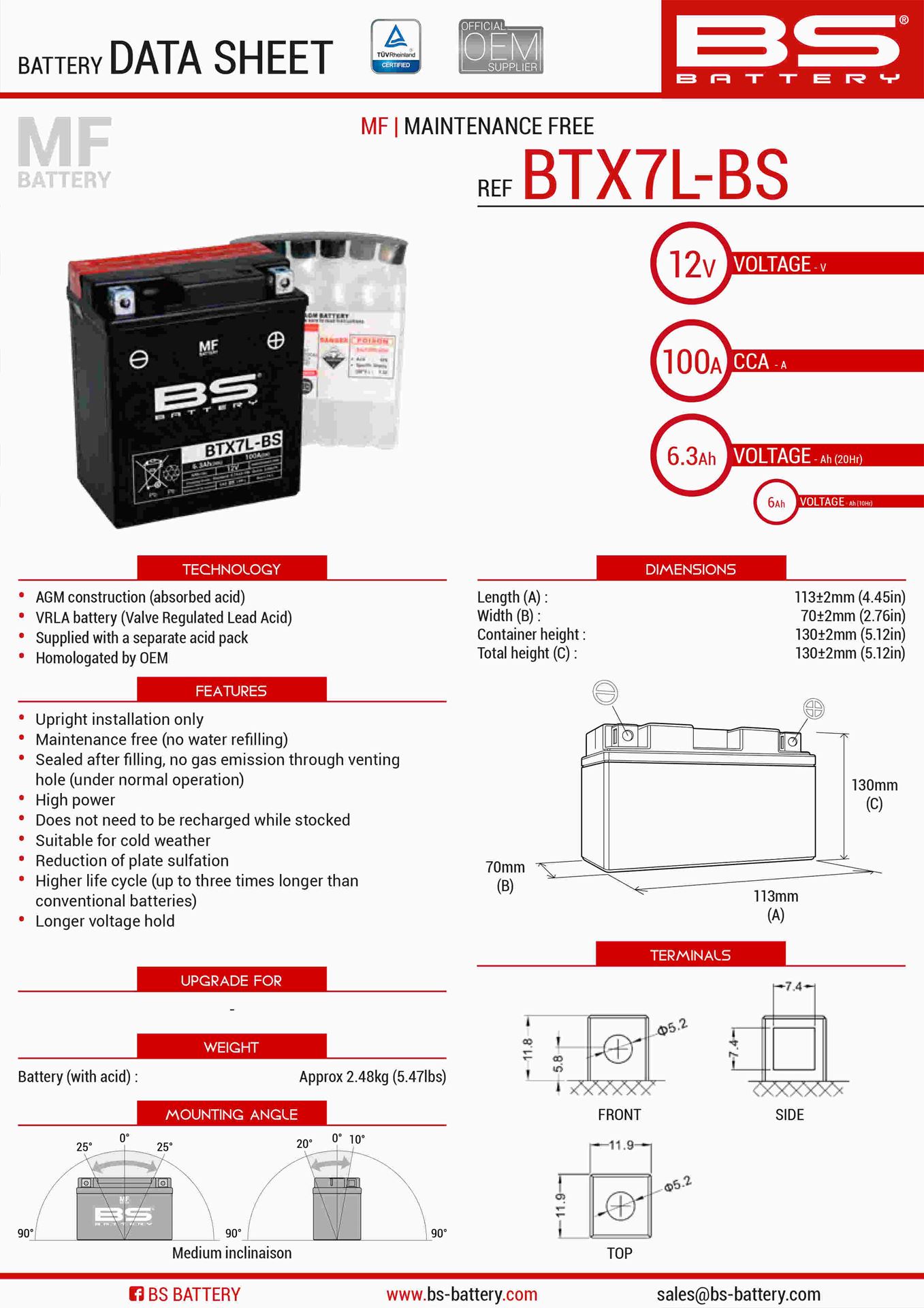 Levně BS akumulátor BTX7L-BS (YTX7L-BS) 12V 6AH 144X71X131 bezúdržbový - elektrolyt zvlášť (85A) UE2019/1148 (6) (BS akumulátor BTX7L-BS (YTX7L-BS) 12V 6AH)