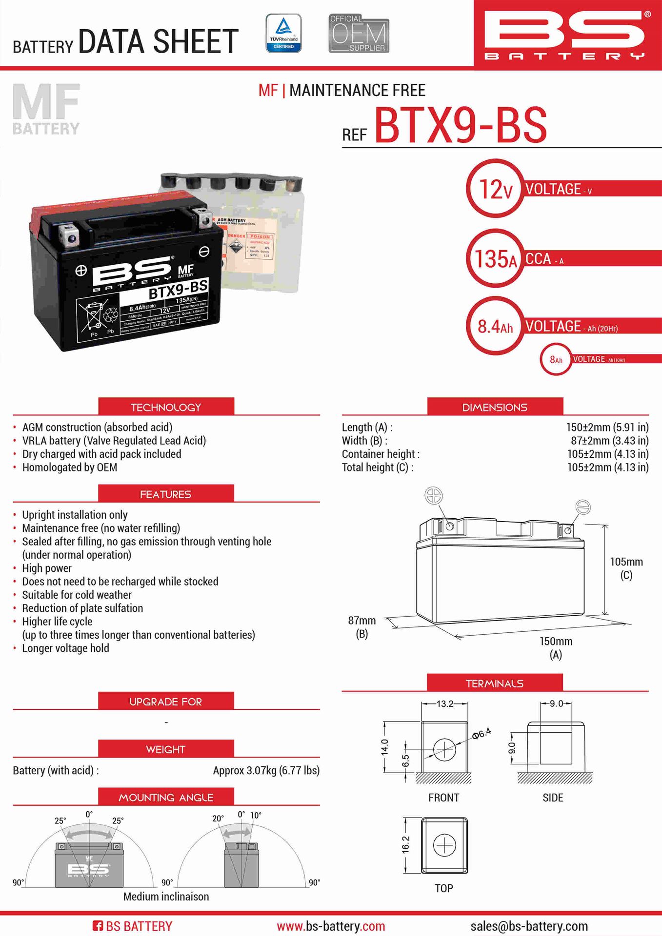 Levně BS akumulátor BTX9-BS (YTX9-BS) 152X88X106 12V 8AH bezúdržbový - elektrolyt zvlášť (120A) UE2019/1148 (6) (BS akumulátor BTX9-BS (YTX9-BS) 152X88X106)