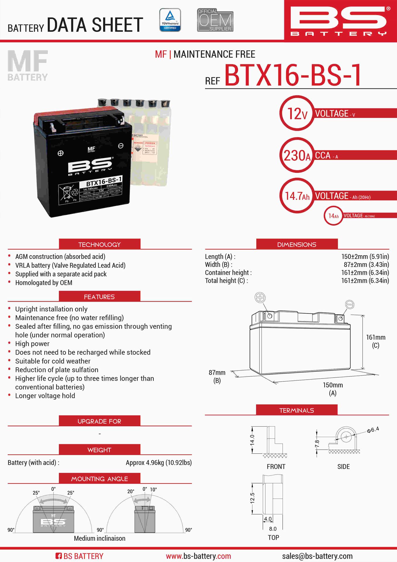 Levně BS akumulátor BTX16-BS1 (YTX16-BS-1) 12V 14AH 152X88X161 bezúdržbový - elektrolyt zvlášť (230A) UE2019/1148 (2) (BS akumulátor BTX16-BS1 (YTX16-BS-1))