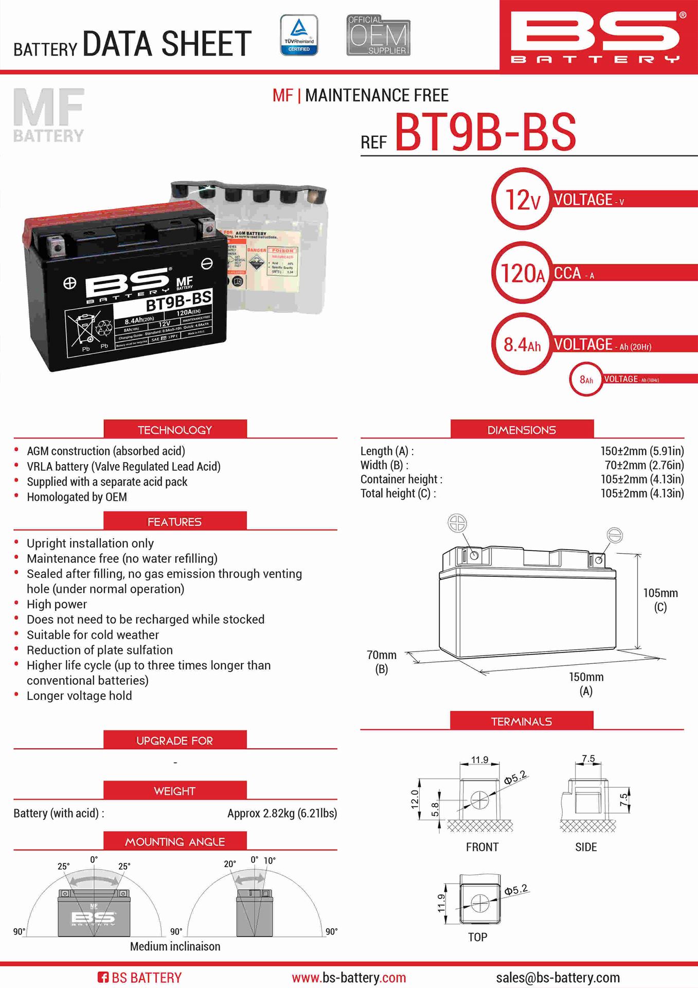BS akumulátor BT9B-BS (YT9B-BS) 12V 8AH 150X70X105 bezúdržbový - elektrolyt zvlášť (120A) UE48 (6)