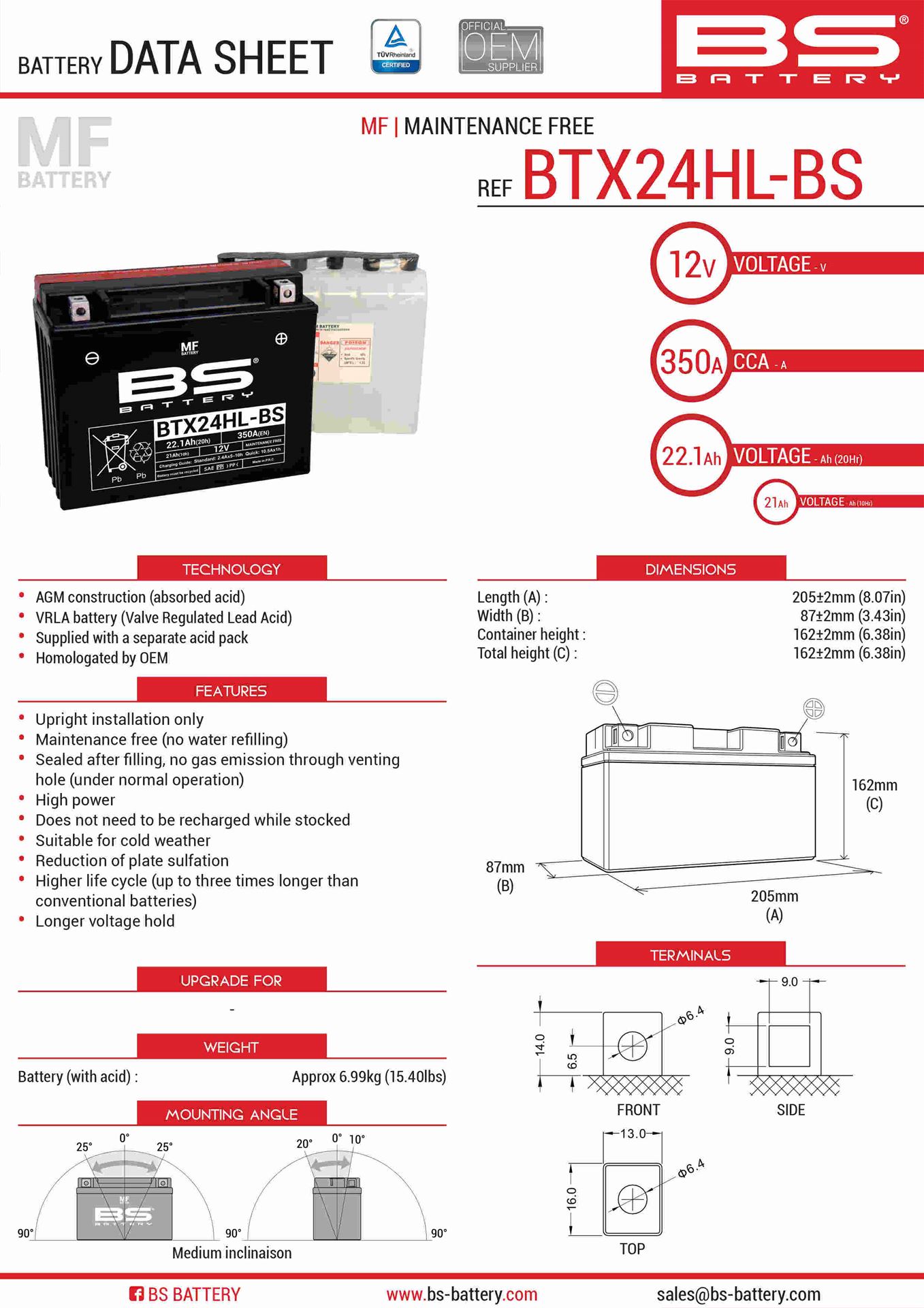 Levně BS akumulátor BTX24HL-BS (YTX24HL-BS) 12V 21AH 205X87X162 bezúdržbový - elektrolyt zvlášť (350A) UE2019/1148 (2) (BS akumulátor BTX24HL-BS)