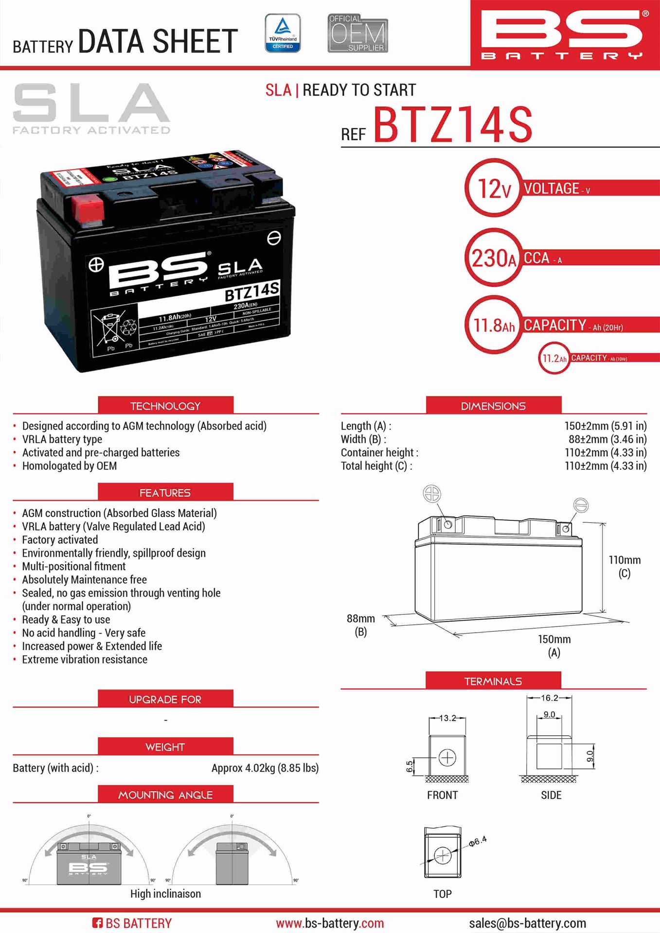 Levně BS akumulátor BTZ14S (FA) (YTZ14S) 12V 11,2AH 150X86X110 bezúdržbový - (230A) (4) (BS akumulátor BTZ14S (FA) (YTZ14S) 12V 11,2AH 150X86X110)