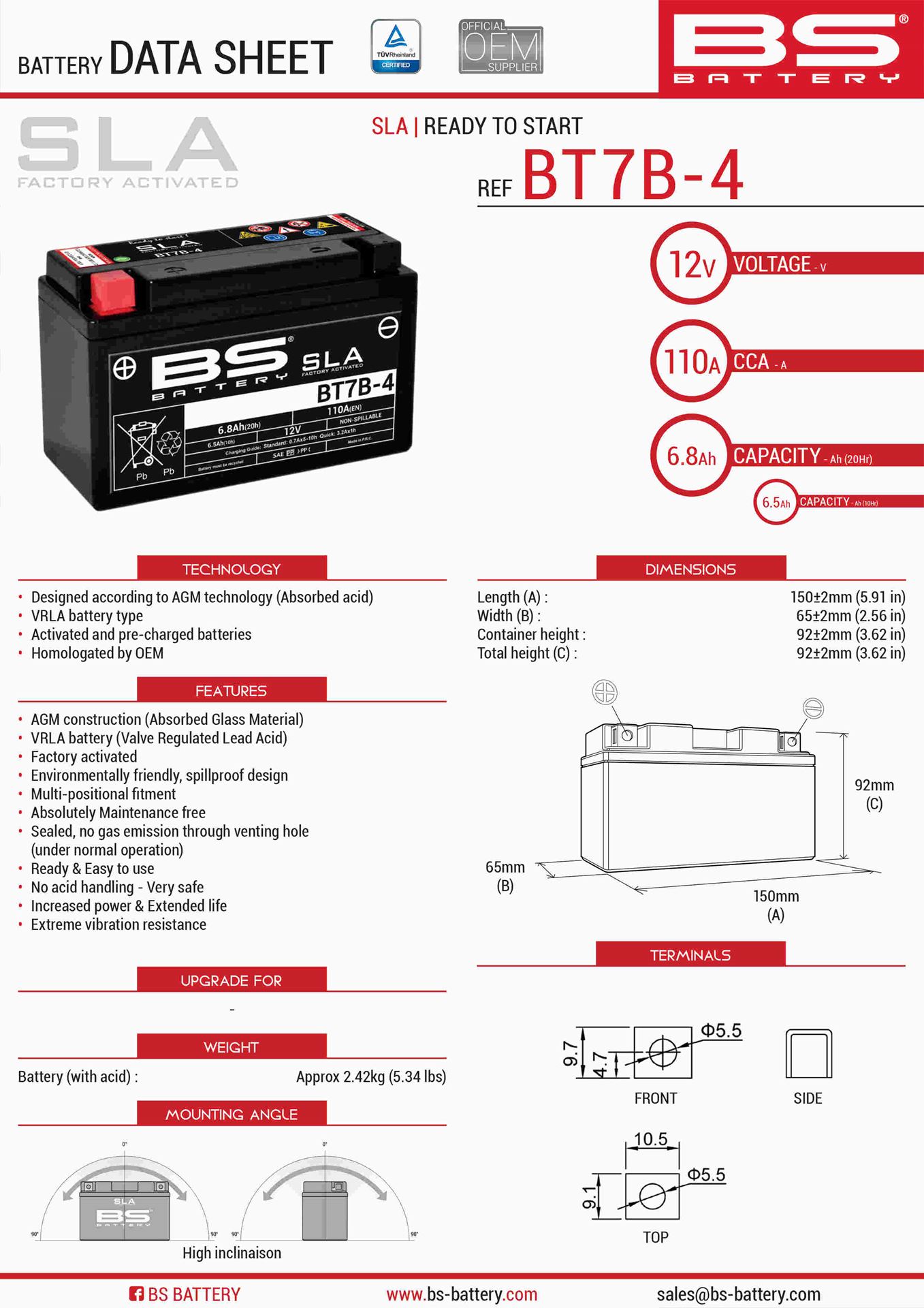 Levně BS akumulátor BT7B-4 (FA) (YT7B4) 12V 6,5AH 148X64X90 bezúdržbový - (85A) (8) (BS akumulátor BT7B-4 (FA) (YT7B4) 12V 6,5AH 148X64X90 bezúdržbový -)
