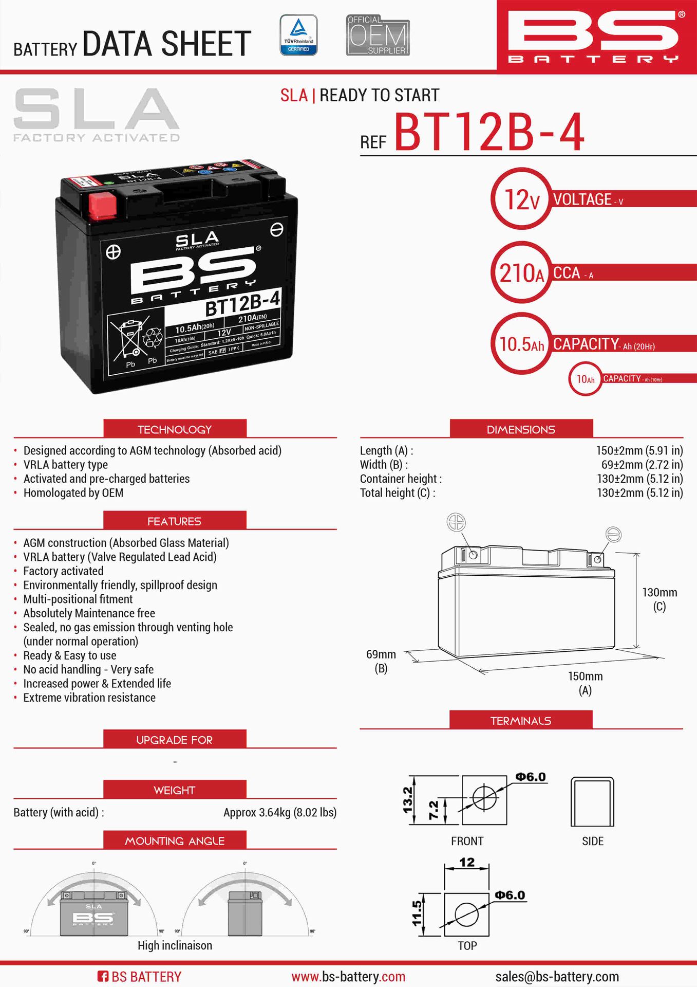 BS akumulátor BT12B-4 (FA) (YT12B-4) 151X70X130 12V 10AH bezúdržbový - (175A) (4) (BS akumulátor BT12B-4 (FA) (YT12B-4) 151X70X130 12V 10AH)