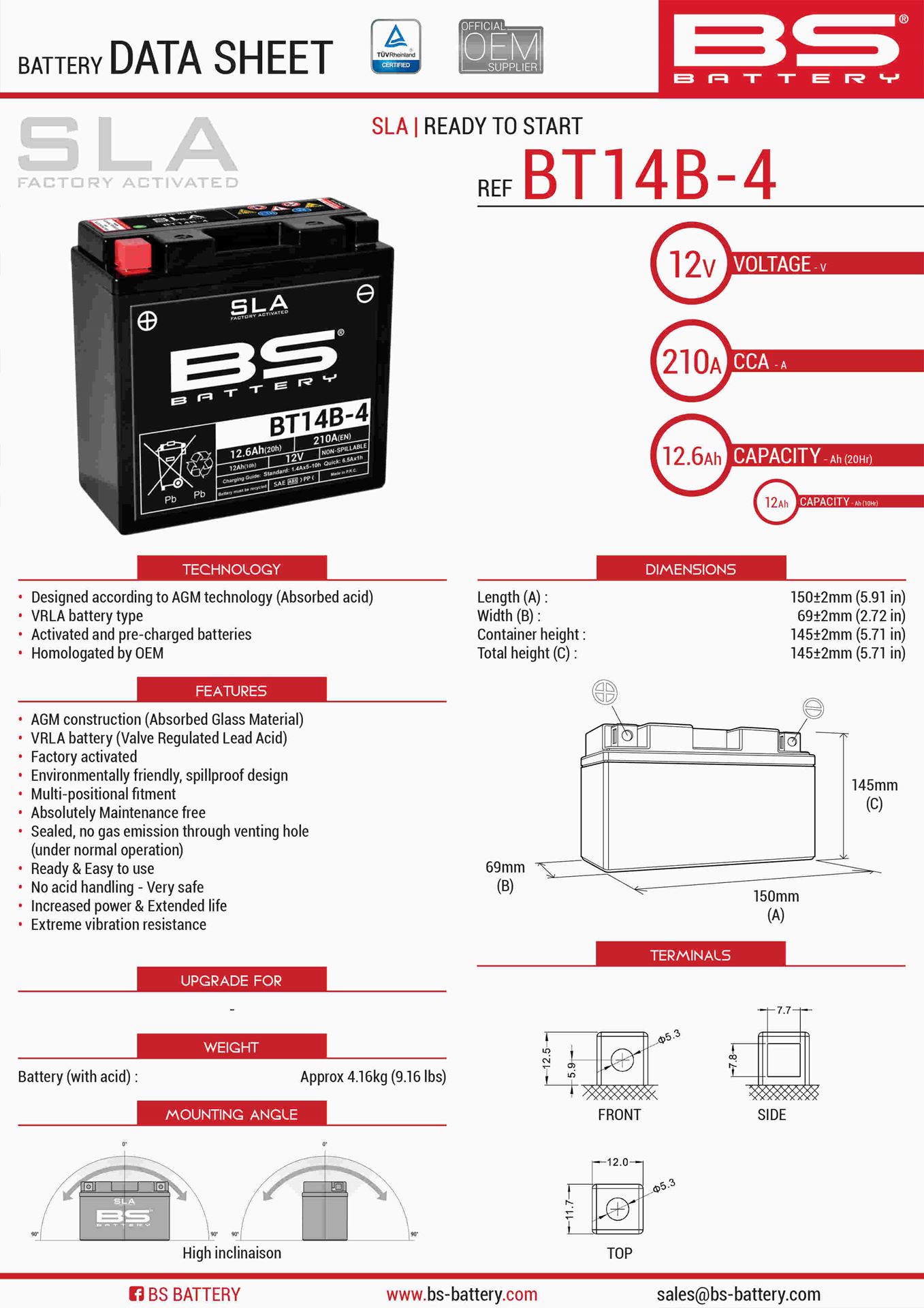 Levně BS akumulátor BT14B-4 (FA) (YT14B4) 12V 12AH 150X69X145 bezúdržbový - (210A) (4) (BS akumulátor BT14B-4 (FA) (YT14B4) 12V 12AH 150X69X145 bezúdržbový)