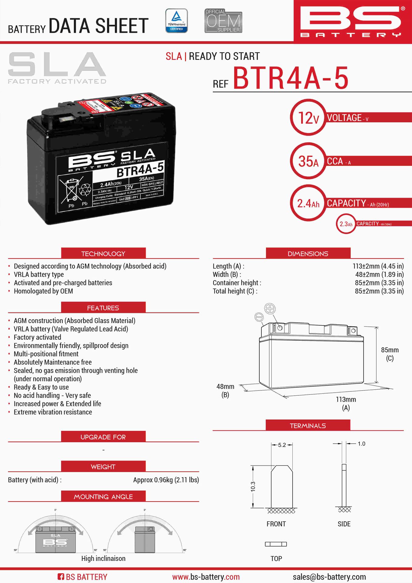 Levně BS akumulátor BTR4A-5 (FA ) (YTR4A-BS) 12V 2,3AH 113X48X85X bezúdržbový - (35A) (12) (BS akumulátor BTR4A-5 (FA ) (YTR4A-BS) 12V 2,3AH 113X48X85X)