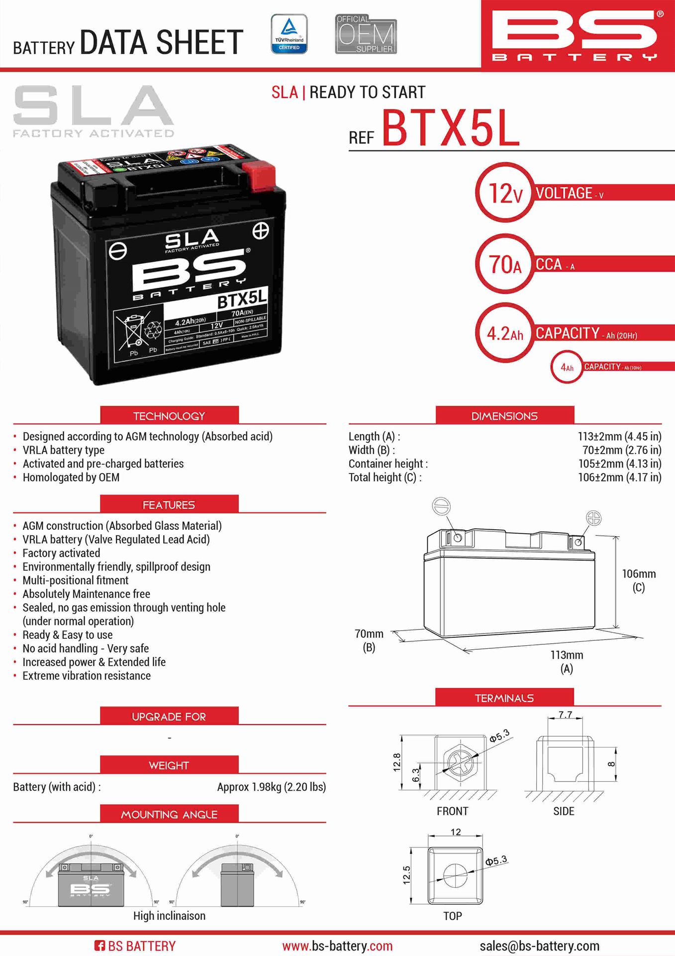 Levně BS akumulátor BTX5L / BTZ6S (FA) (YTX5L-BS) 12V 5.3AH 113X70X106 bezúdržbový - (90A) (8) (BS akumulátor BTX5L / BTZ6S (FA) (YTX5L-BS) 12V 5.3AH)