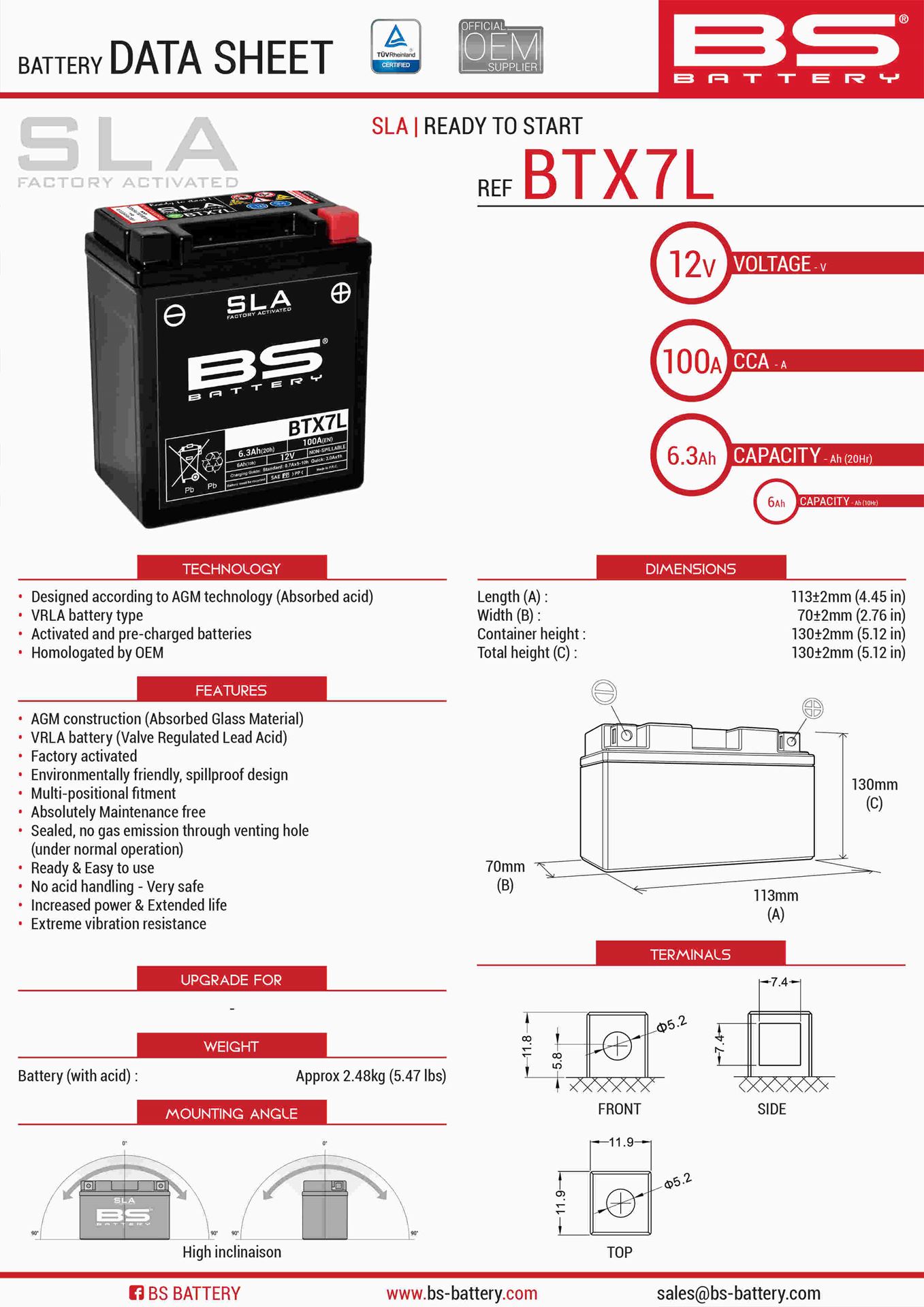 Levně BS akumulátor BTX7L (FA) (YTX7L-BS) 12V 6AH 113X70X130 bezúdržbový - (100A) zesílený (8) (BS akumulátor BTX7L (FA) (YTX7L-BS) 12V 6AH 113X70X130)