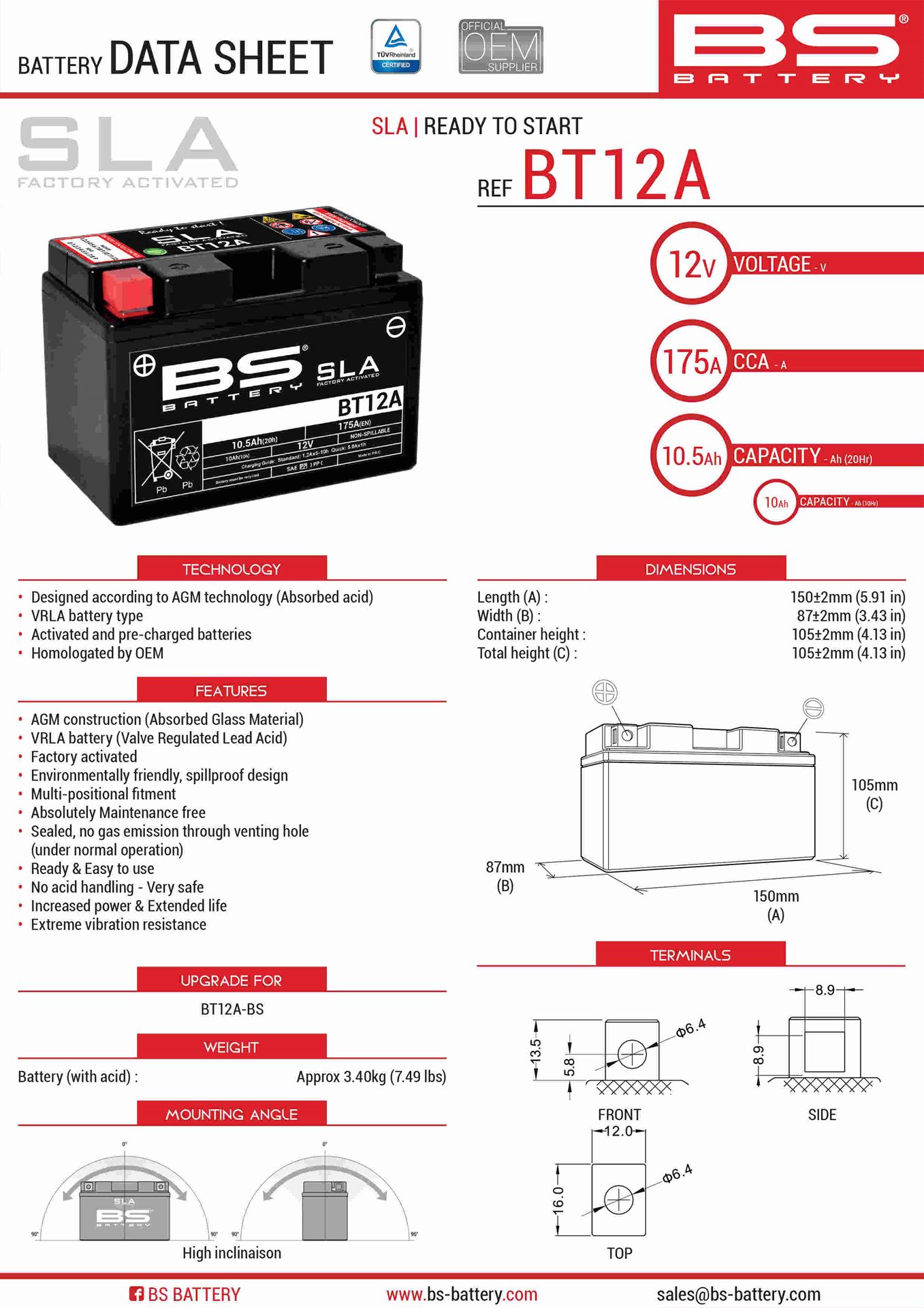 BS akumulátor BT12A (FA) (YT12A-BS, YT12A) 152X88X106 12V 10AH bezúdržbový - plněný (175A) (4)