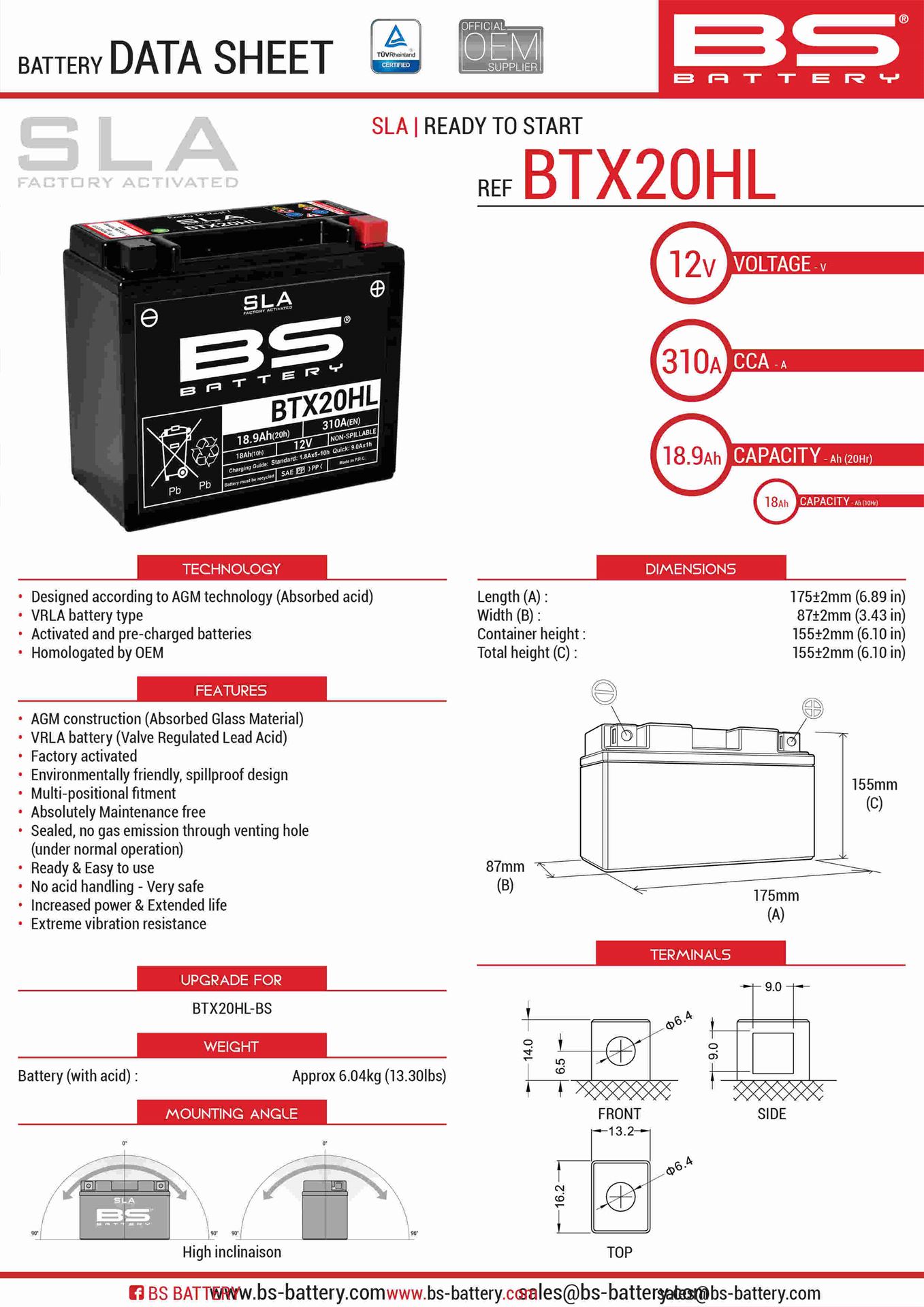 Levně BS akumulátor BTX20HL (FA) (YTX20HL-BS) 12V 18AH 175X87X155 bezúdržbový - (310A) (4) (BS akumulátor BTX20HL (FA) (YTX20HL-BS) 12V 18AH 175X87X155)