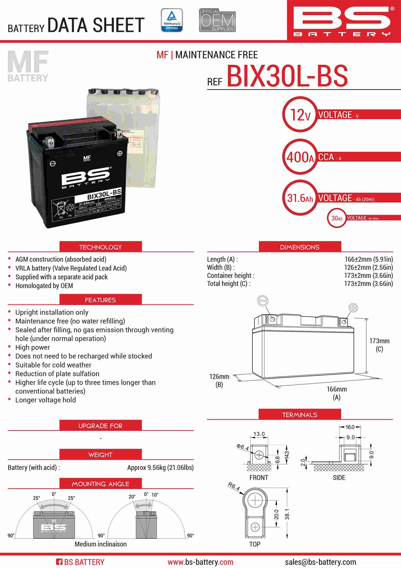 Levně BS akumulátor BIX30L-BS (YTX30L-BS) 12V 30AH 165X125X175 bezúdržbový - elektrolyt zvlášť (400A) UE2019/1148 (1) (BS akumulátor BIX30L-BS (YTX30L-BS))